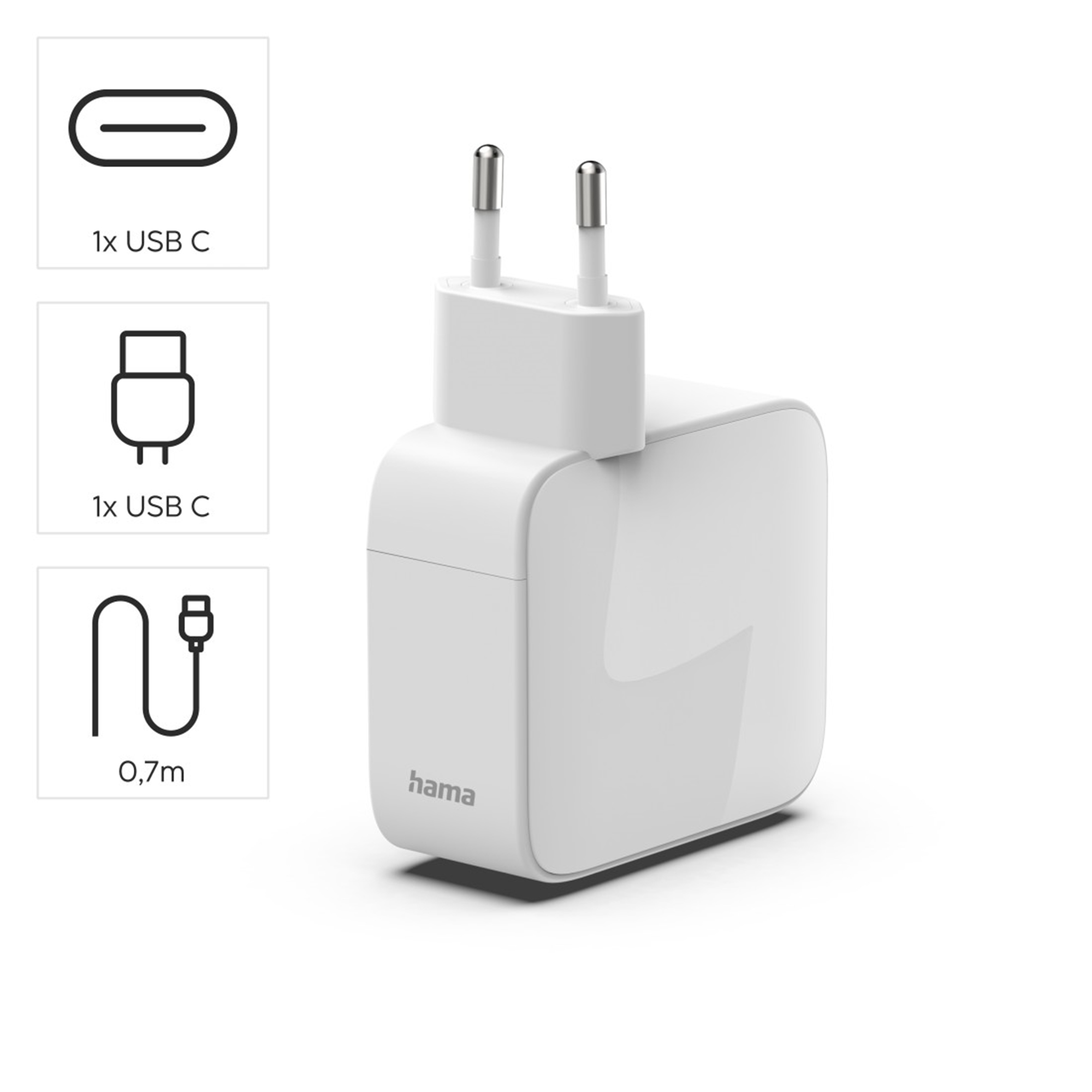 Weißes Hama Netzteil mit zwei USB-C-Anschlüssen und einem 0,7m Kabel.