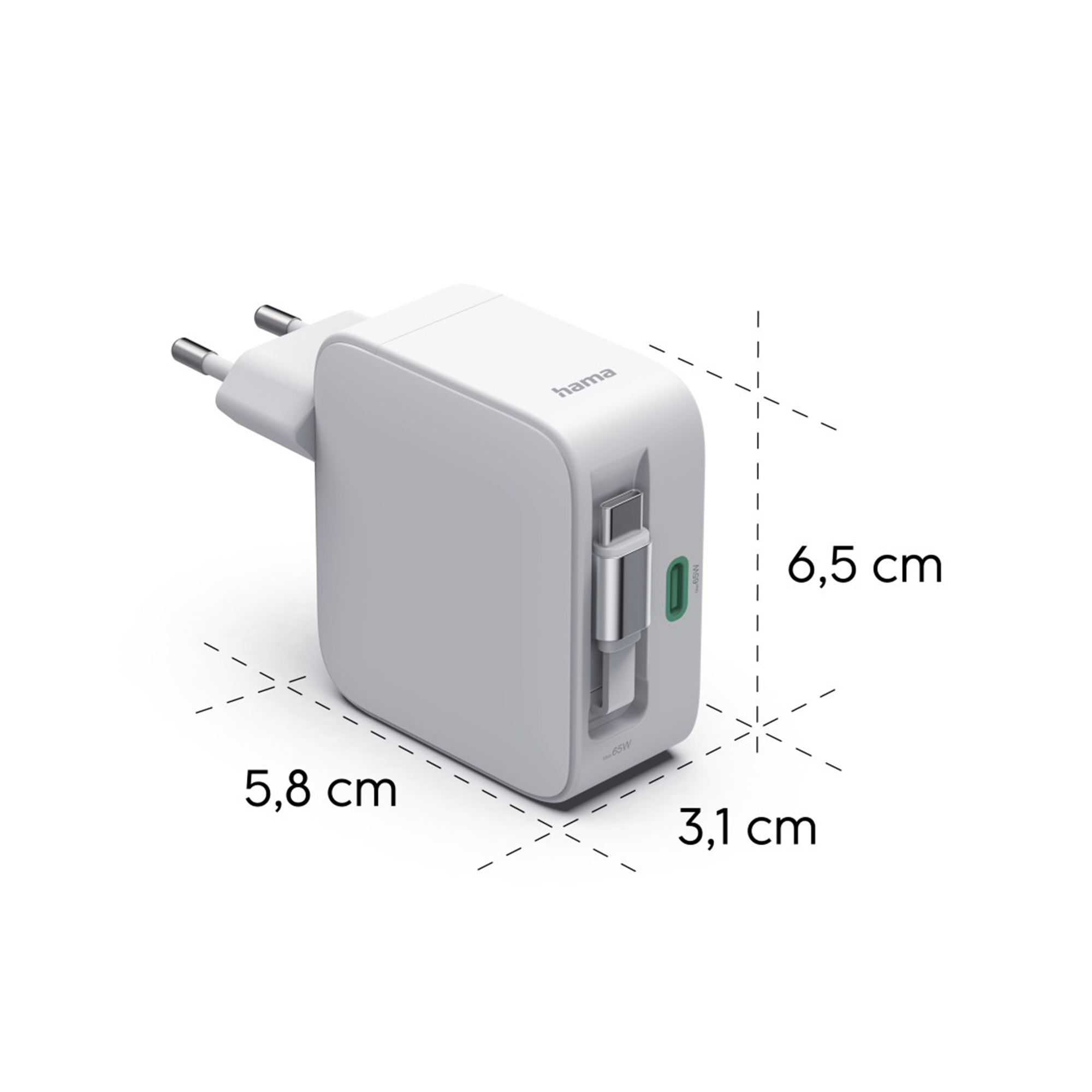 Weißer Hama Netzstecker mit USB-C-Anschluss und Maßen 6,5x5,8x3,1 cm.