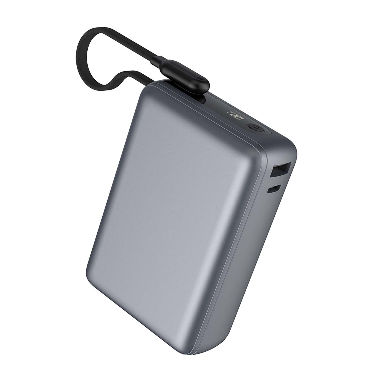 Batterie externe grise avec lanière et écran numérique.