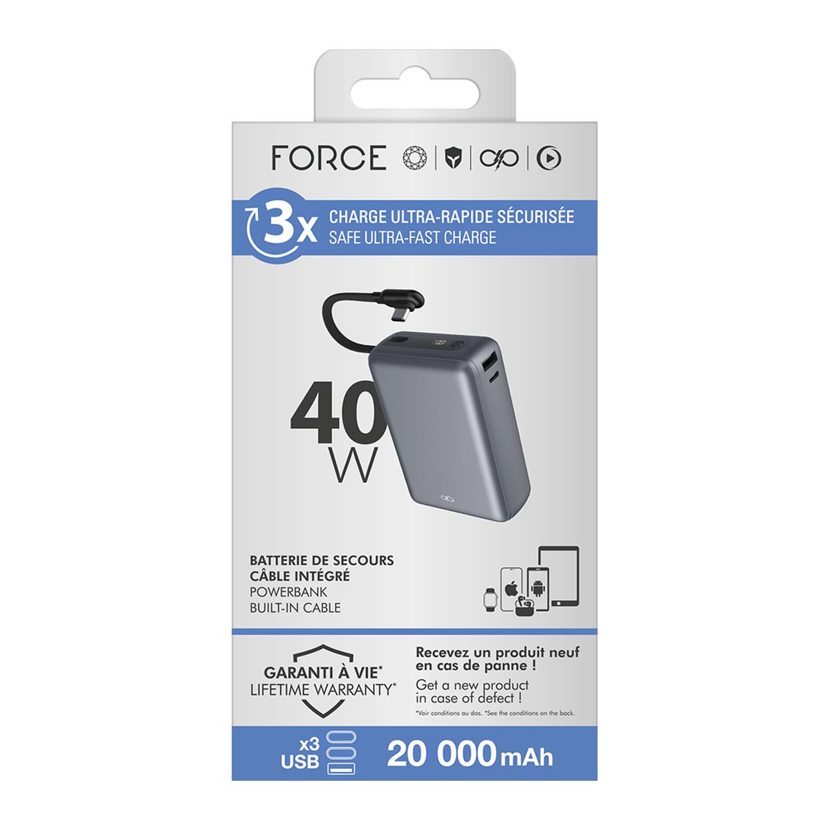 Emballage d'une power bank grise 40W avec câble intégré et 20.000 mAh.