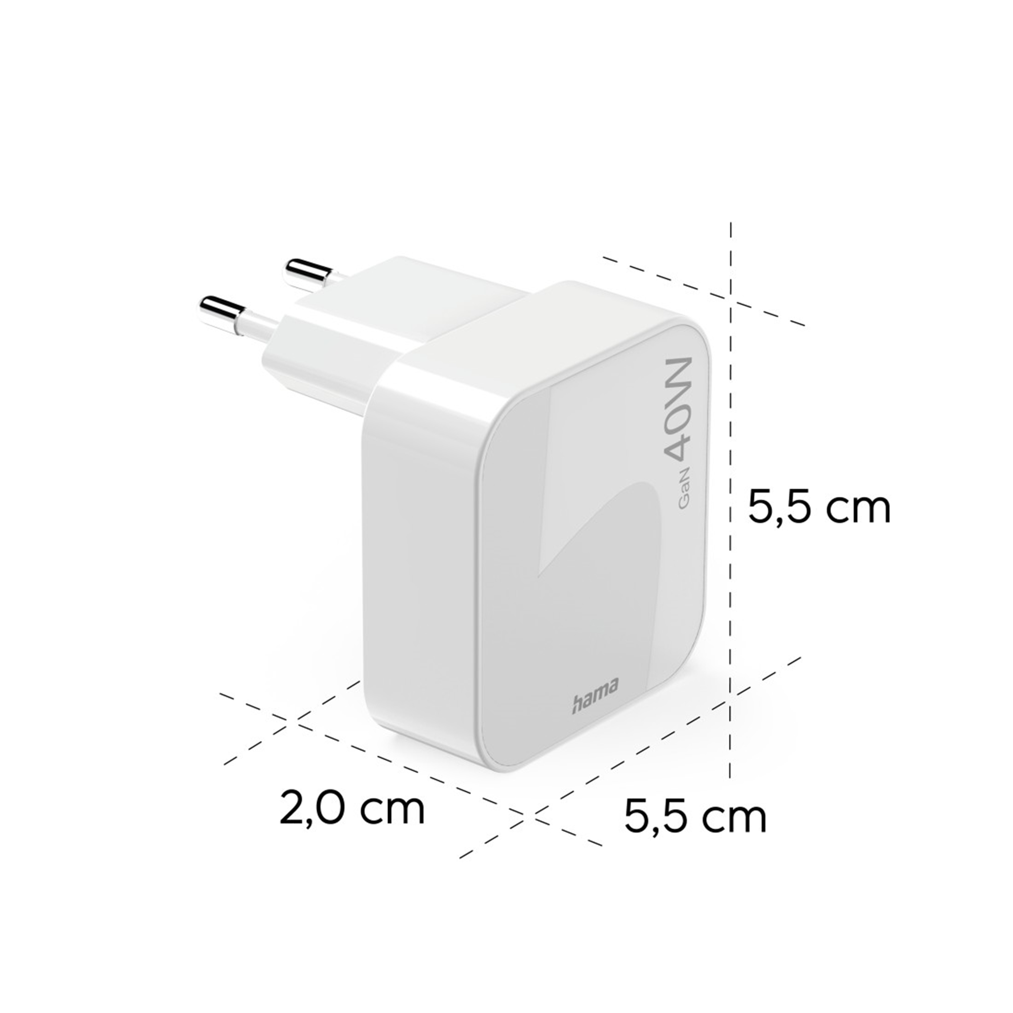 Biały zasilacz Hama GaN 40W z wymiarami.