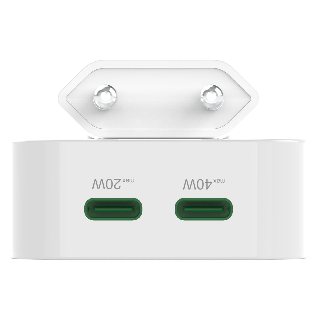 Biały adapter ładowarki USB-C z dwoma portami, jeden na 20W, drugi na 40W.