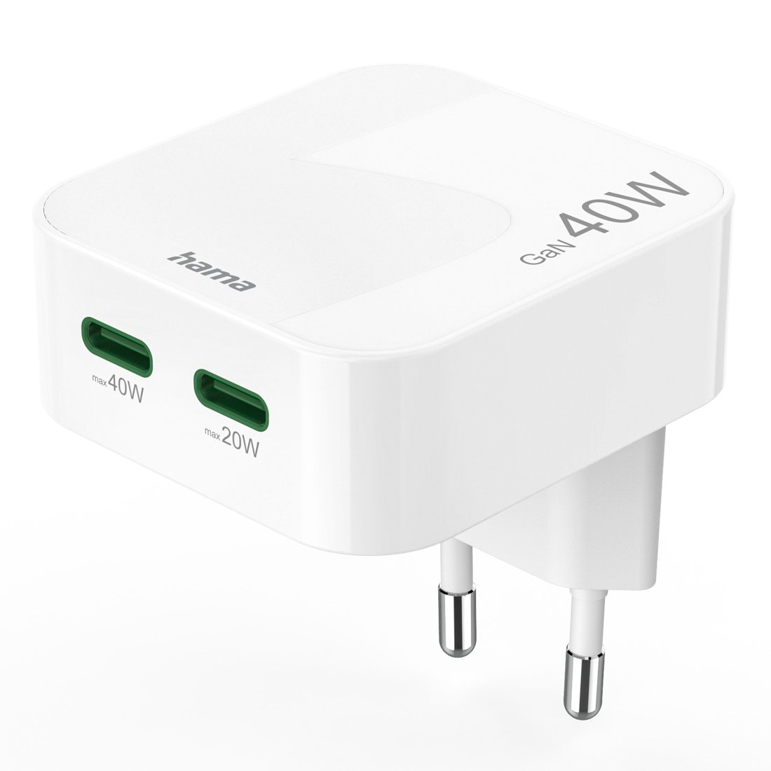 Biała ładowarka Hama GaN 40W USB-C z dwoma portami i wtyczką Euro.