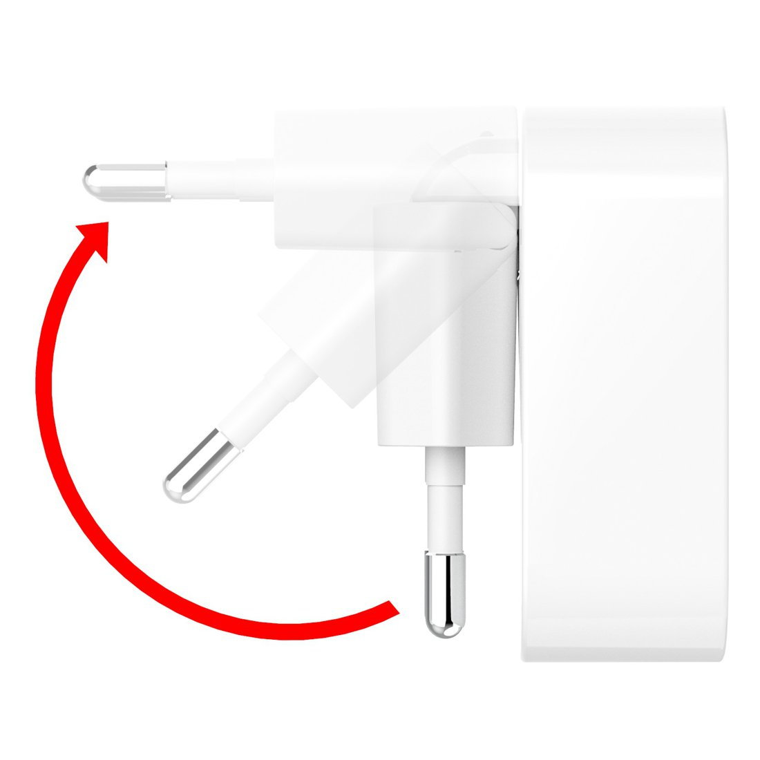 Biały adapter z obrotowymi bolcami, zaznaczony czerwoną strzałką.