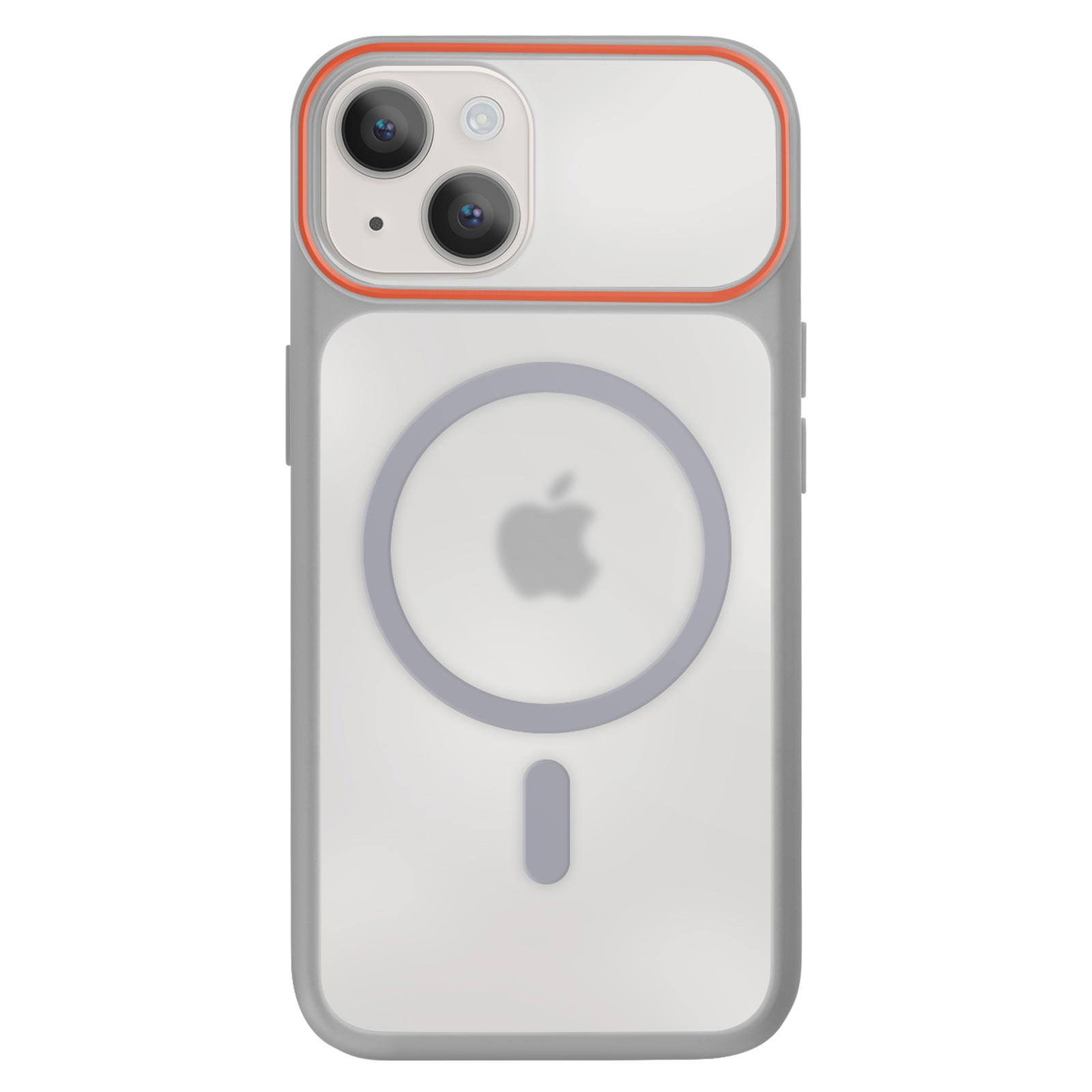 Graue Hülle mit orangefarbenem Rand und Apple-Logo.