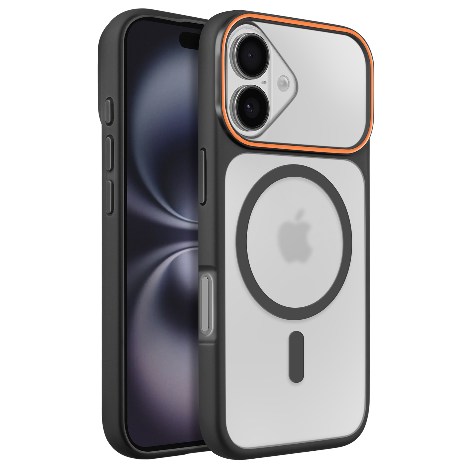 Custodia nera con bordo arancione per un iPhone a doppia fotocamera.
