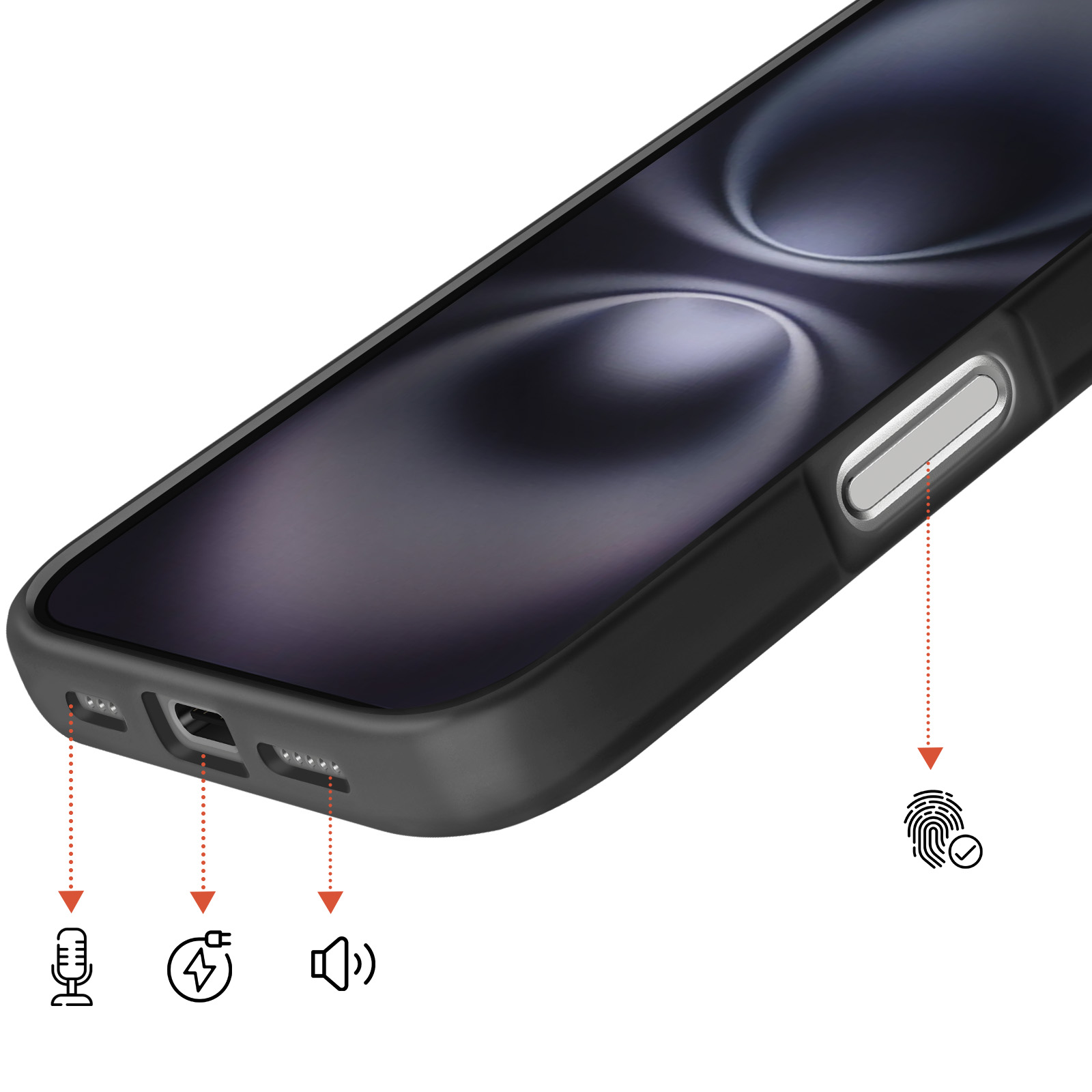 Smartphone nero con pulsante impronta digitale, icone microfono, ricarica e altoparlante.