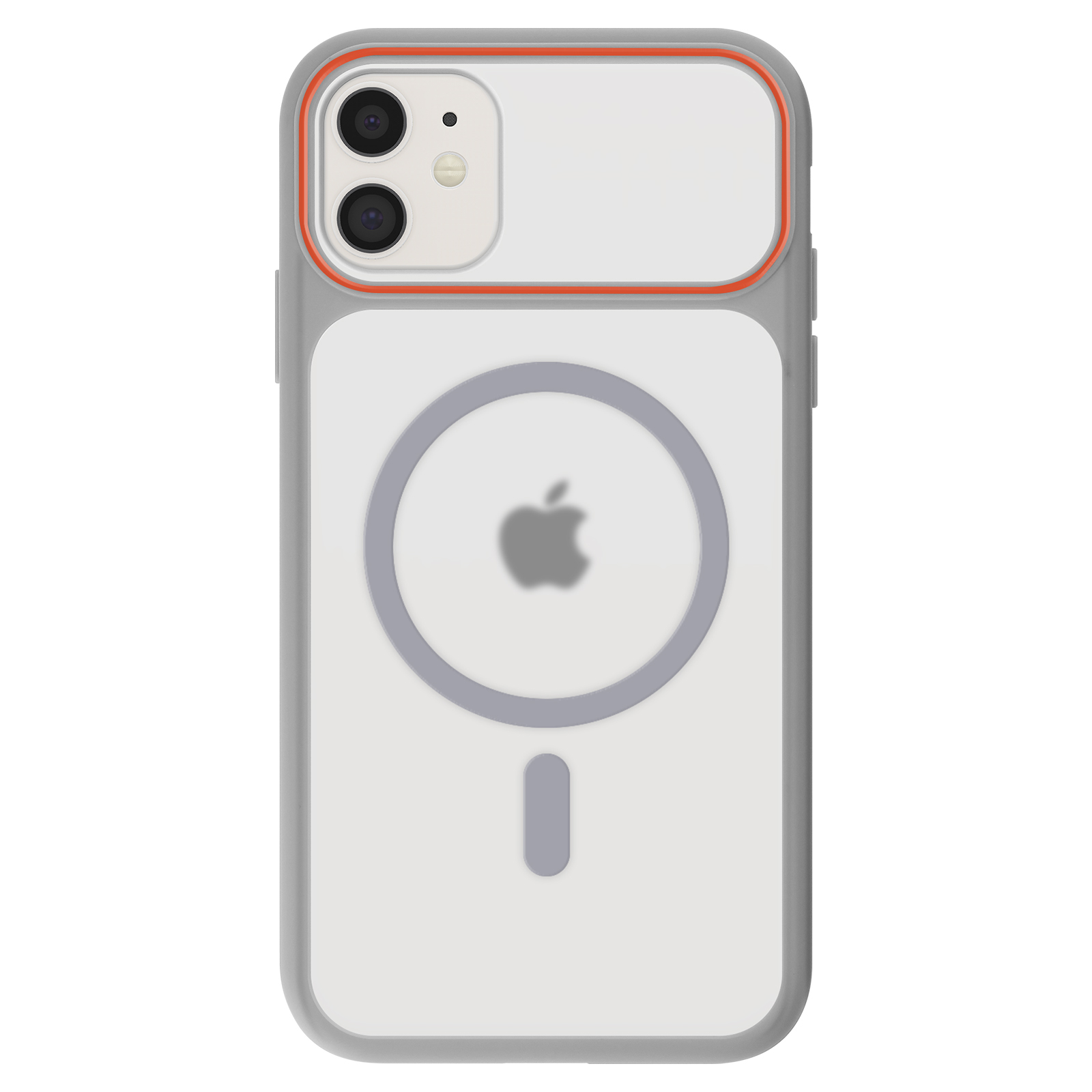 Grijze iPhone hoes met oranje rand, twee camera's en Apple logo.