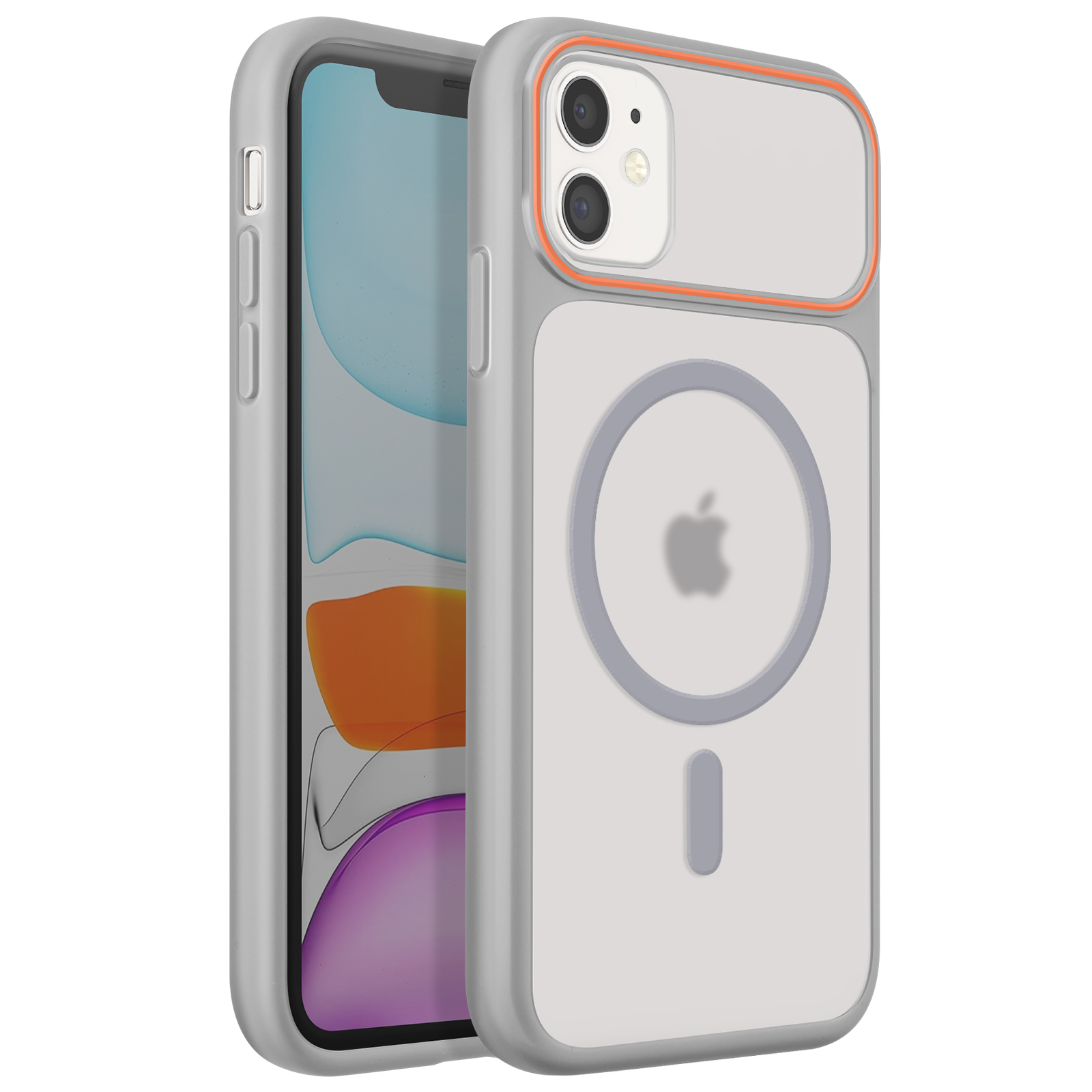 Grijze iPhone met doorzichtige hoes, oranje rand en MagSafe-logo.