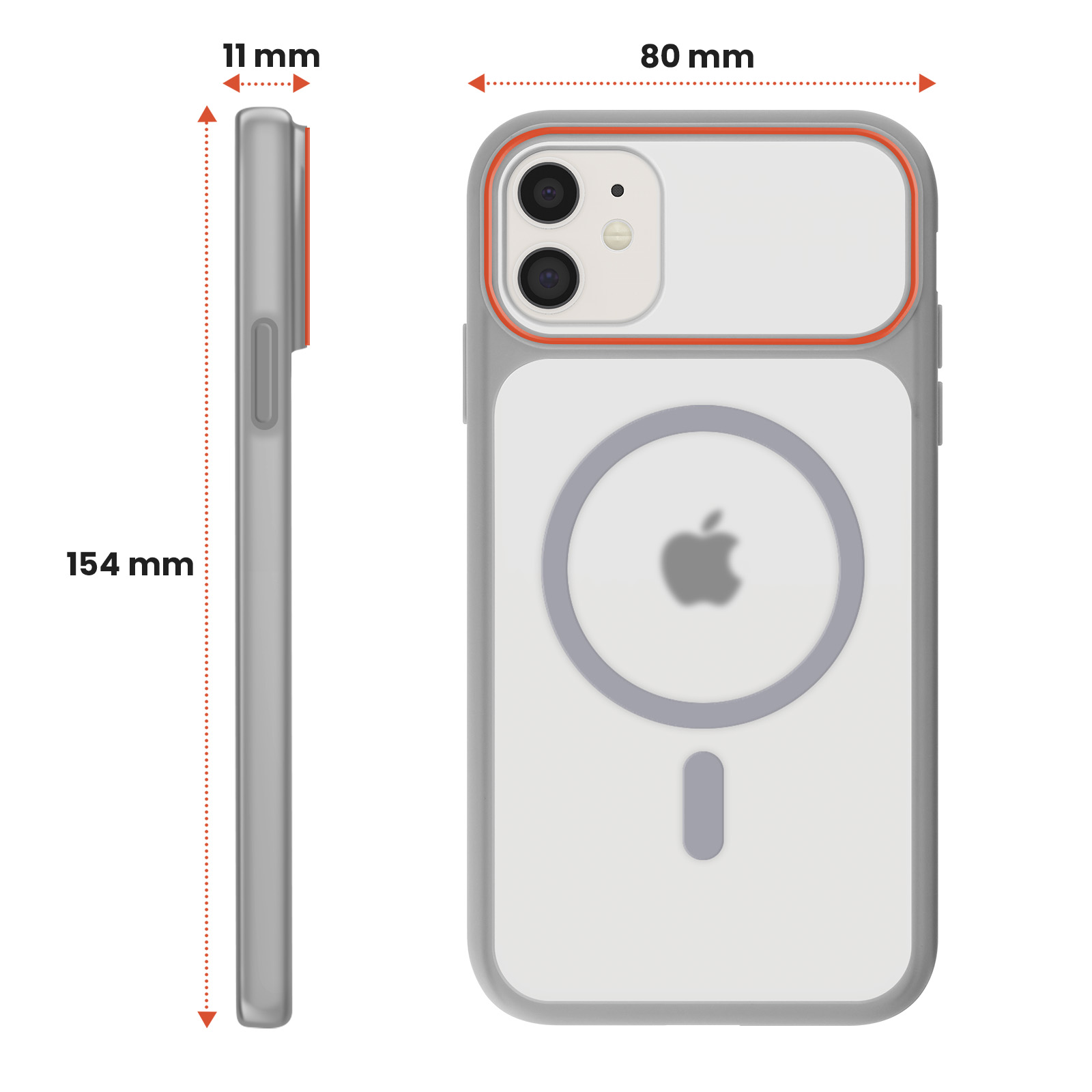 Grijze telefoonhoes van 154mm x 80mm x 11mm, met camera-uitsparing.