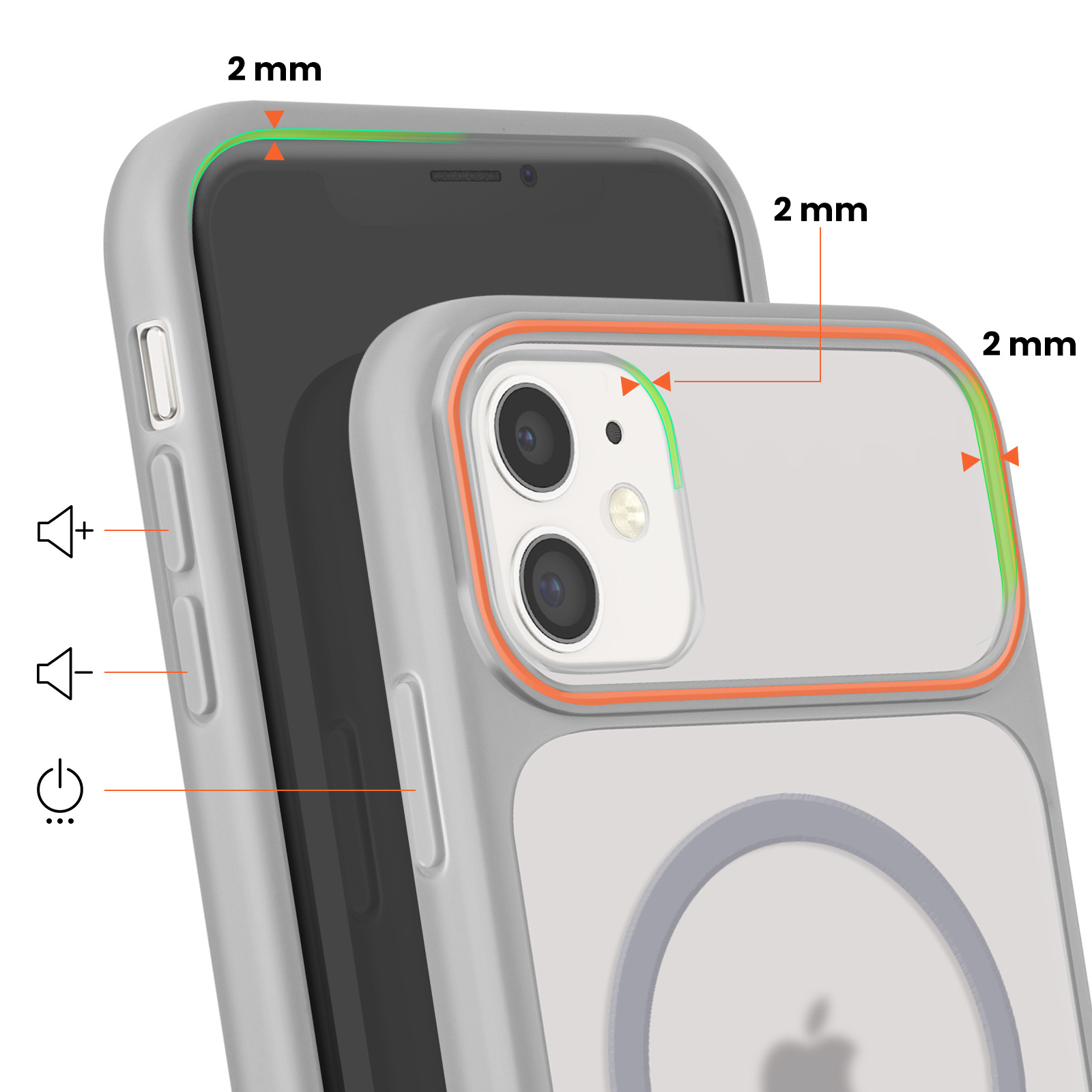 Telefoonhoes met 2 mm verhoogde randen rond camera en scherm.