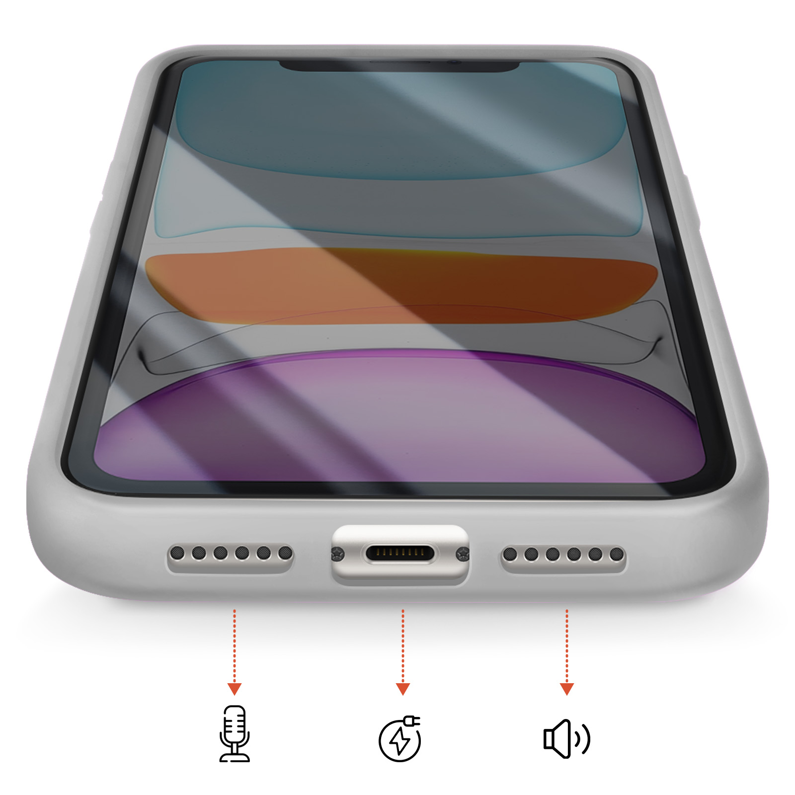 Close-up van een witte telefoonhoes met oplaadpoort en luidsprekerroosters.