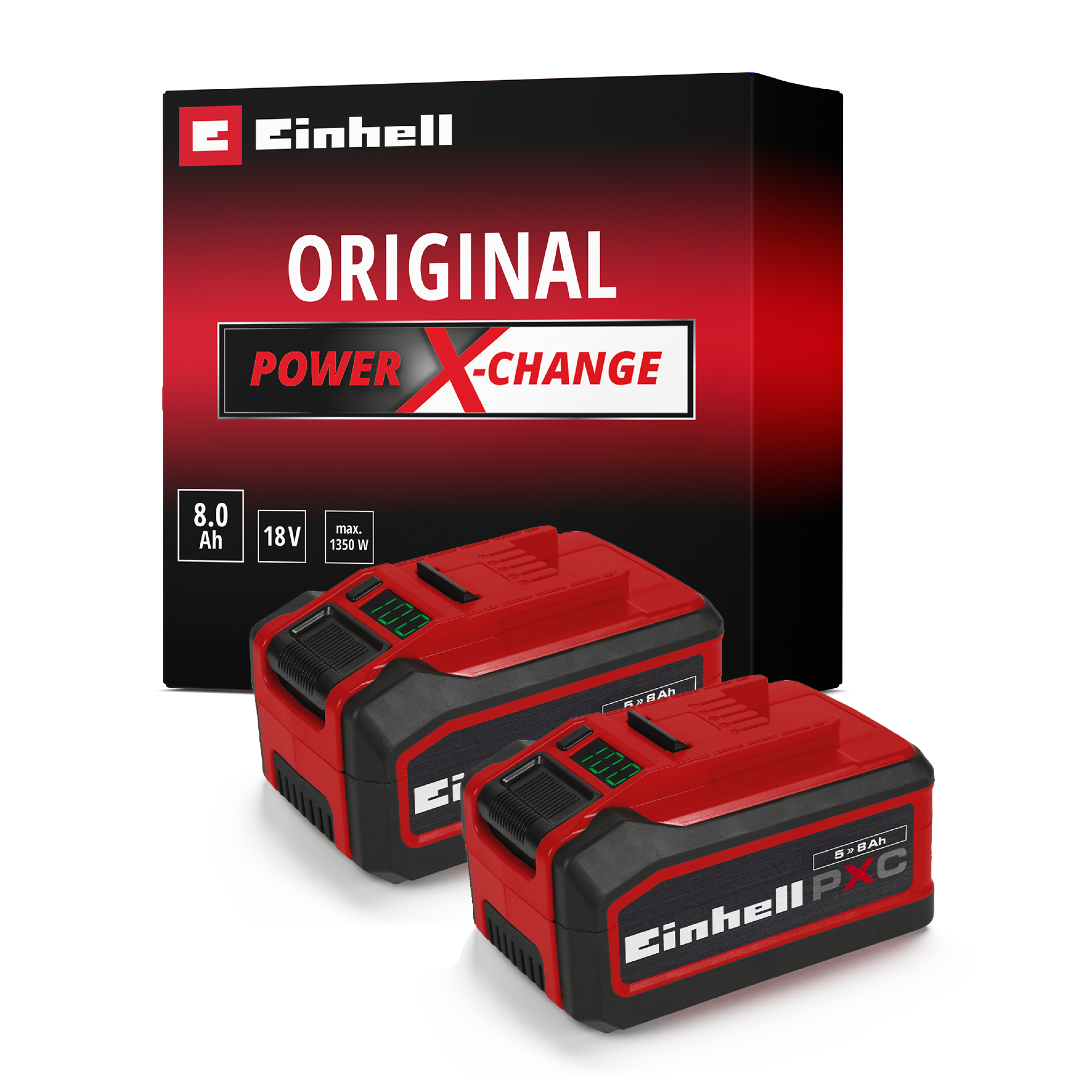 Zwei rote Einhell Power X-Change Akkus mit Ladeanzeige und Verpackung.