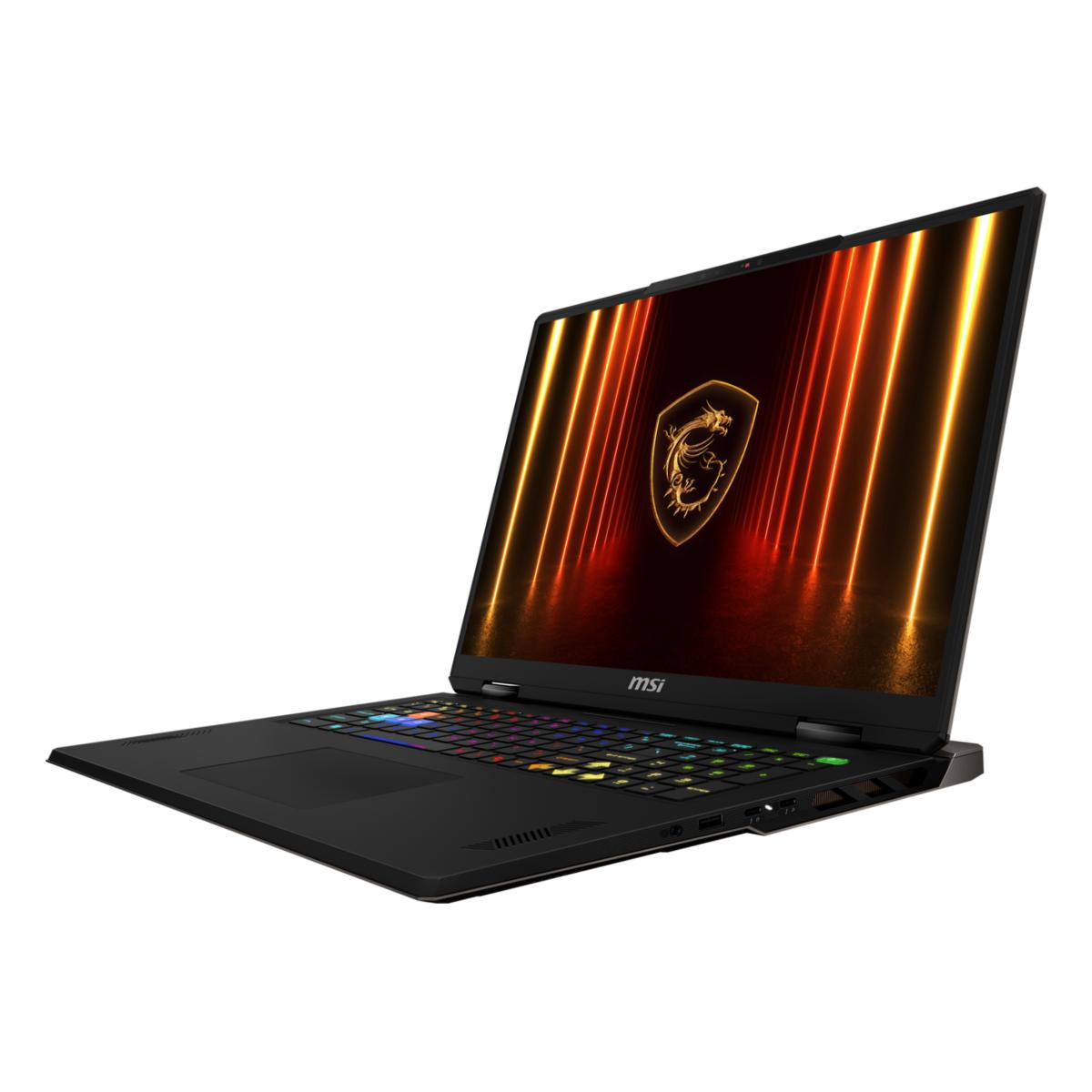 Schwarzer MSI Gaming-Laptop mit leuchtender Tastatur und Drachenlogo auf dem Bildschirm.