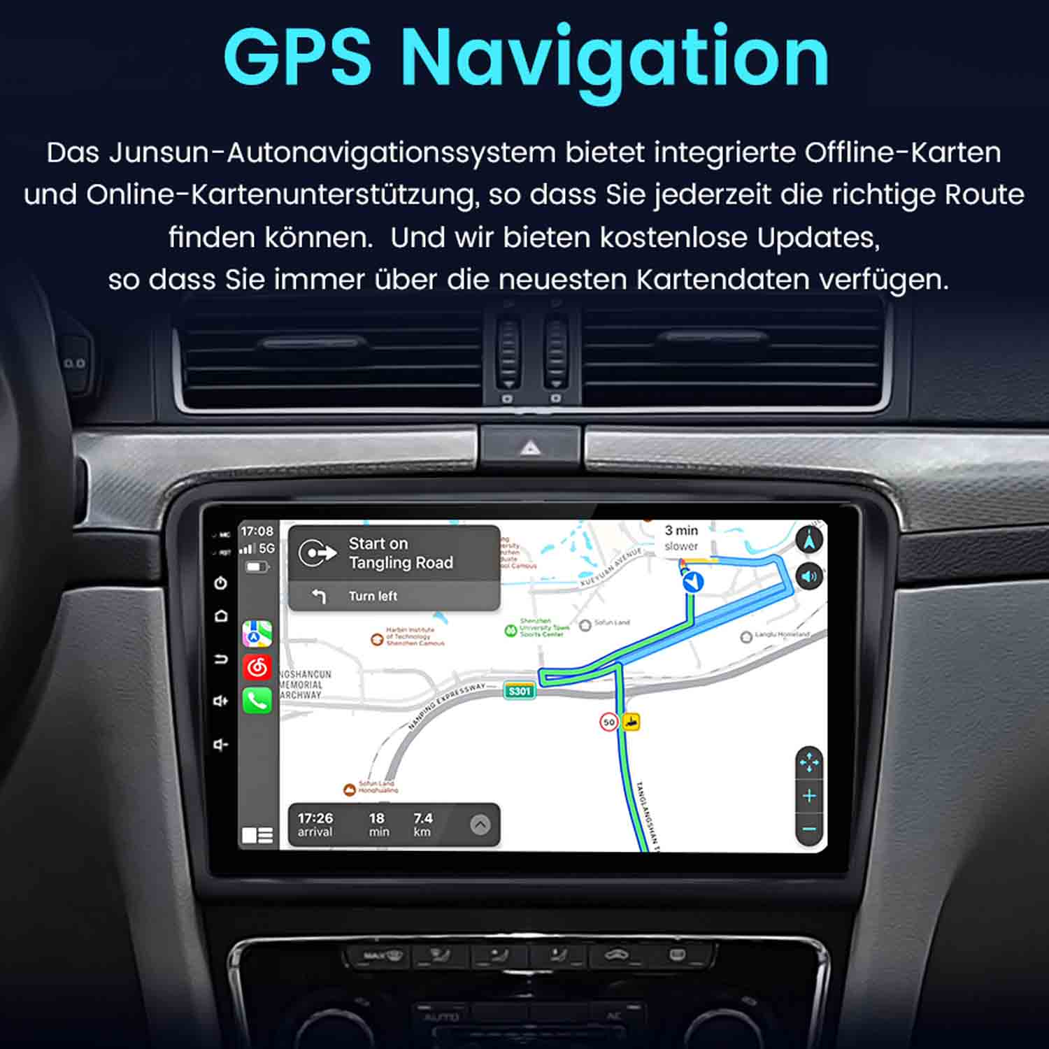 GPS-Navigation auf einem Auto-Bildschirm mit Routenführung und Ankunftszeit.