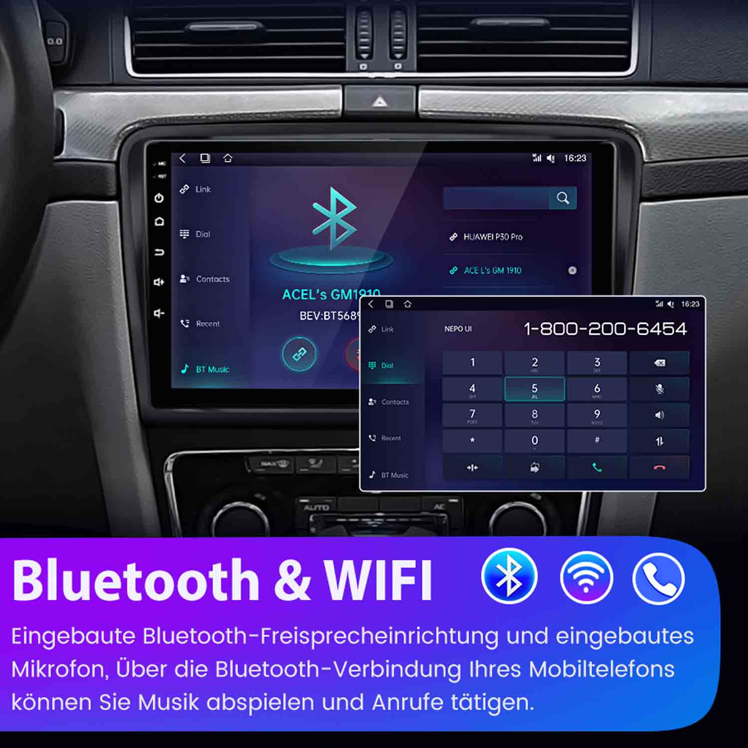 Auto-Infotainment-Bildschirm mit Telefon-Tastatur, Bluetooth-Symbolen und Text.