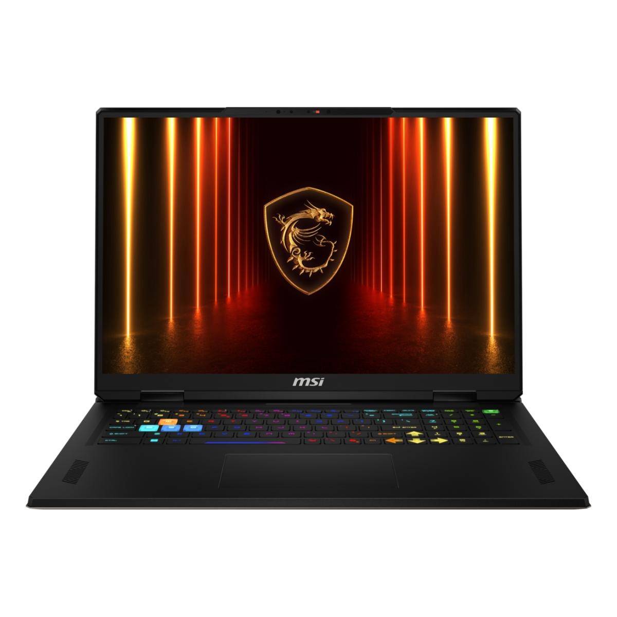 Schwarzer MSI Gaming-Laptop mit beleuchteter Tastatur und Drachenlogo auf dem Bildschirm.