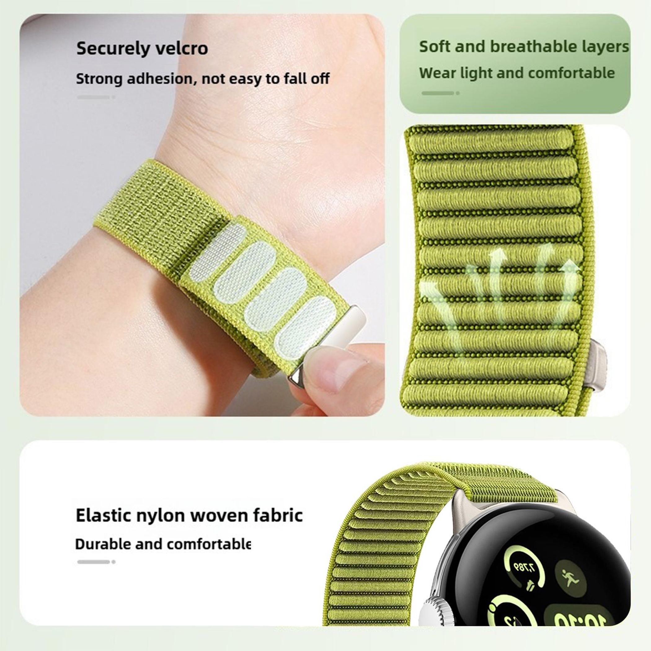 Grünes Uhrenarmband aus Nylon mit Klettverschluss und Atmungsaktivität.