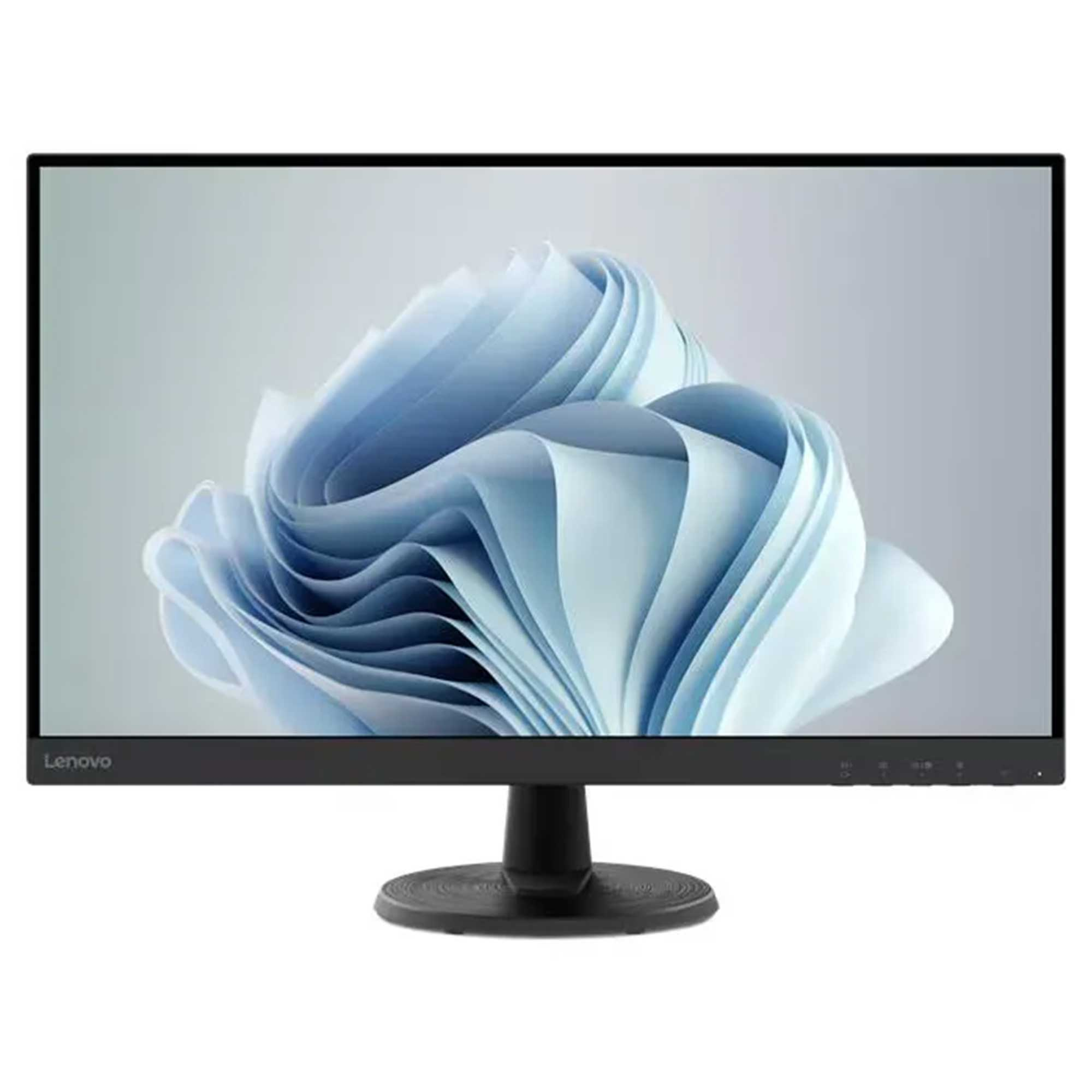 Lenovo monitör, ekranında soyut mavi dalga deseni gösteriyor.
