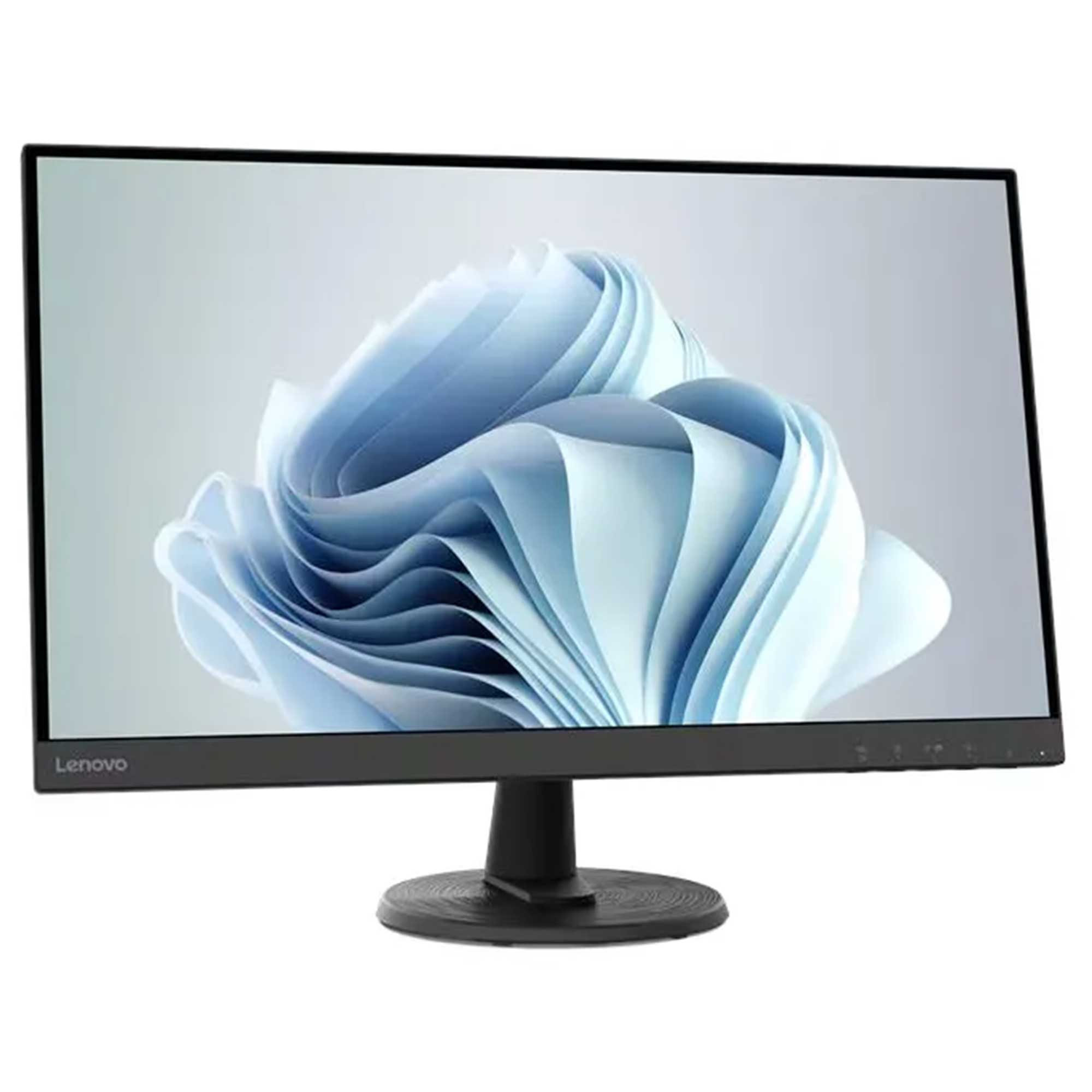 Mavi, soyut duvar kağıdı gösteren bir Lenovo monitör.