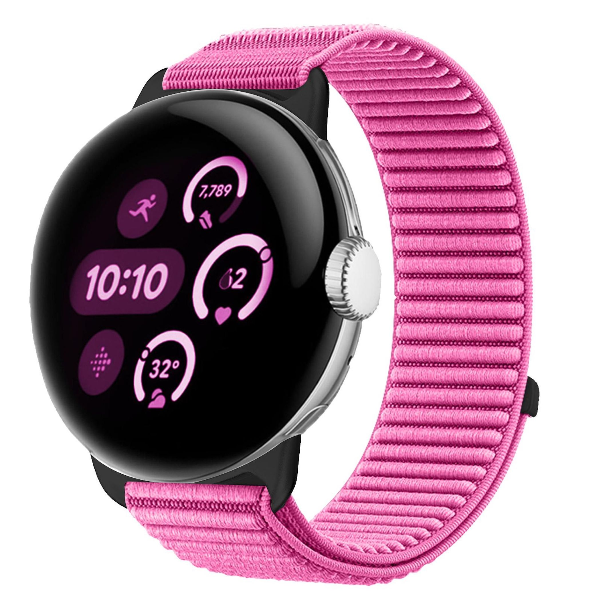Eine pinke Smartwatch mit schwarzem Gehäuse und bunten Zifferblattsymbolen.