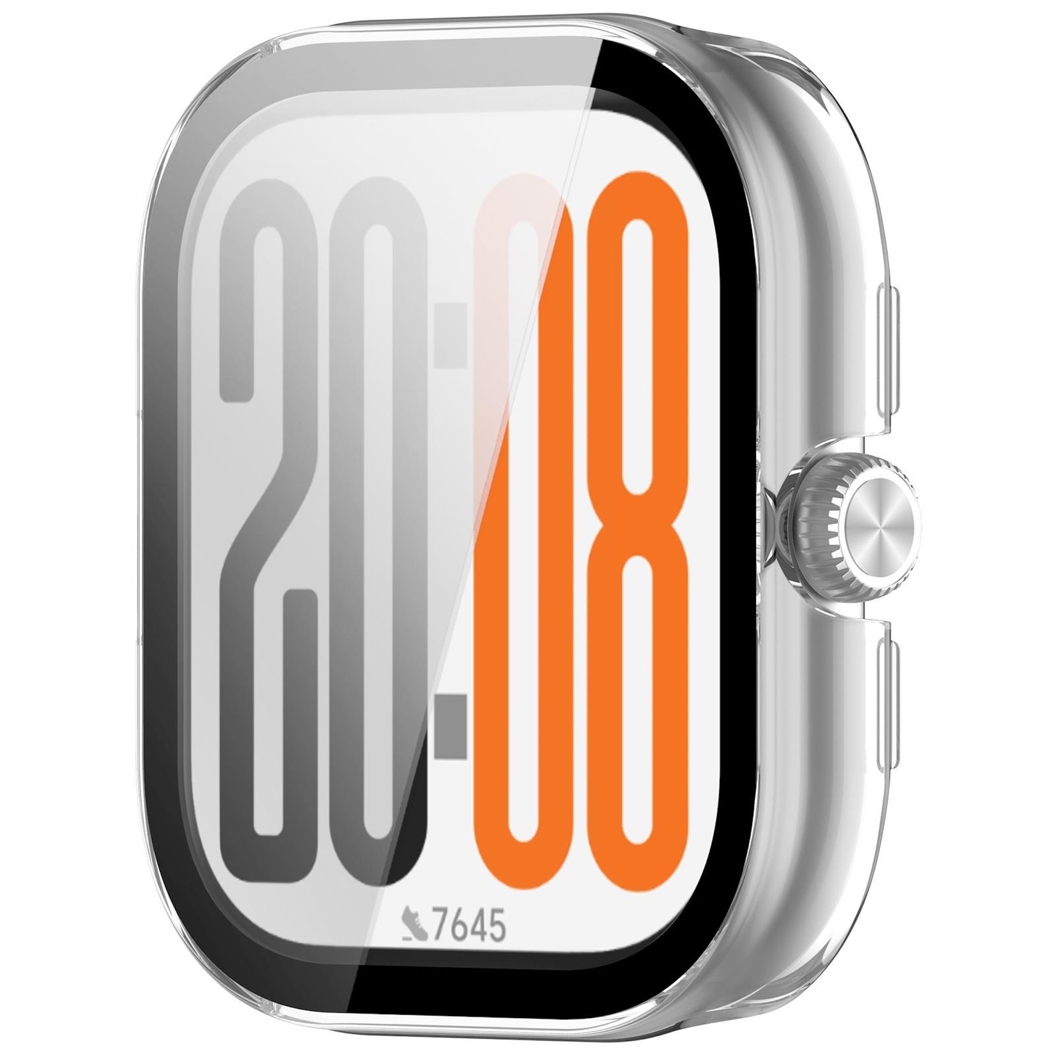 Custodia smartwatch argento mostra ora digitale 20:08.