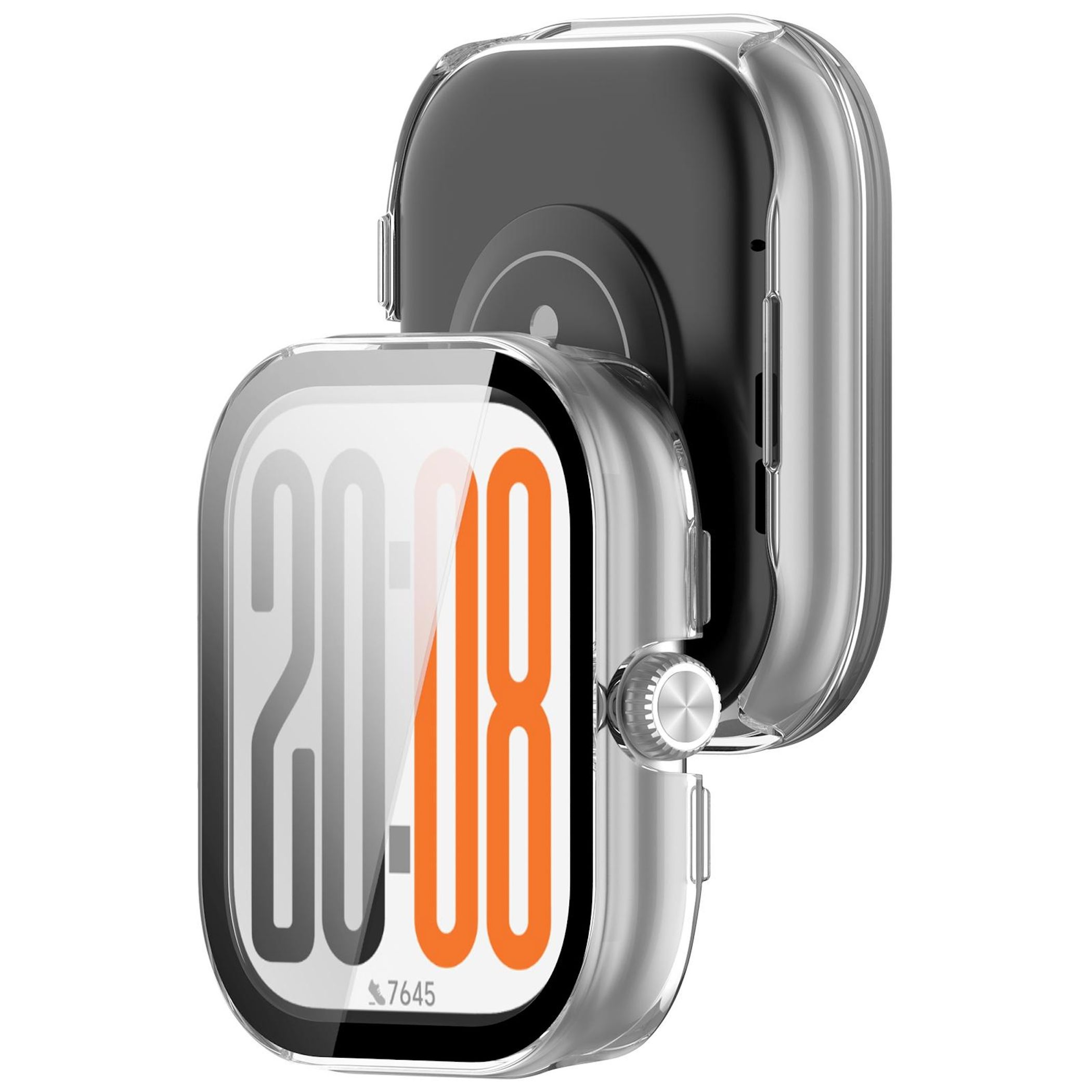 Custodia trasparente per orologio con display digitale e corona.