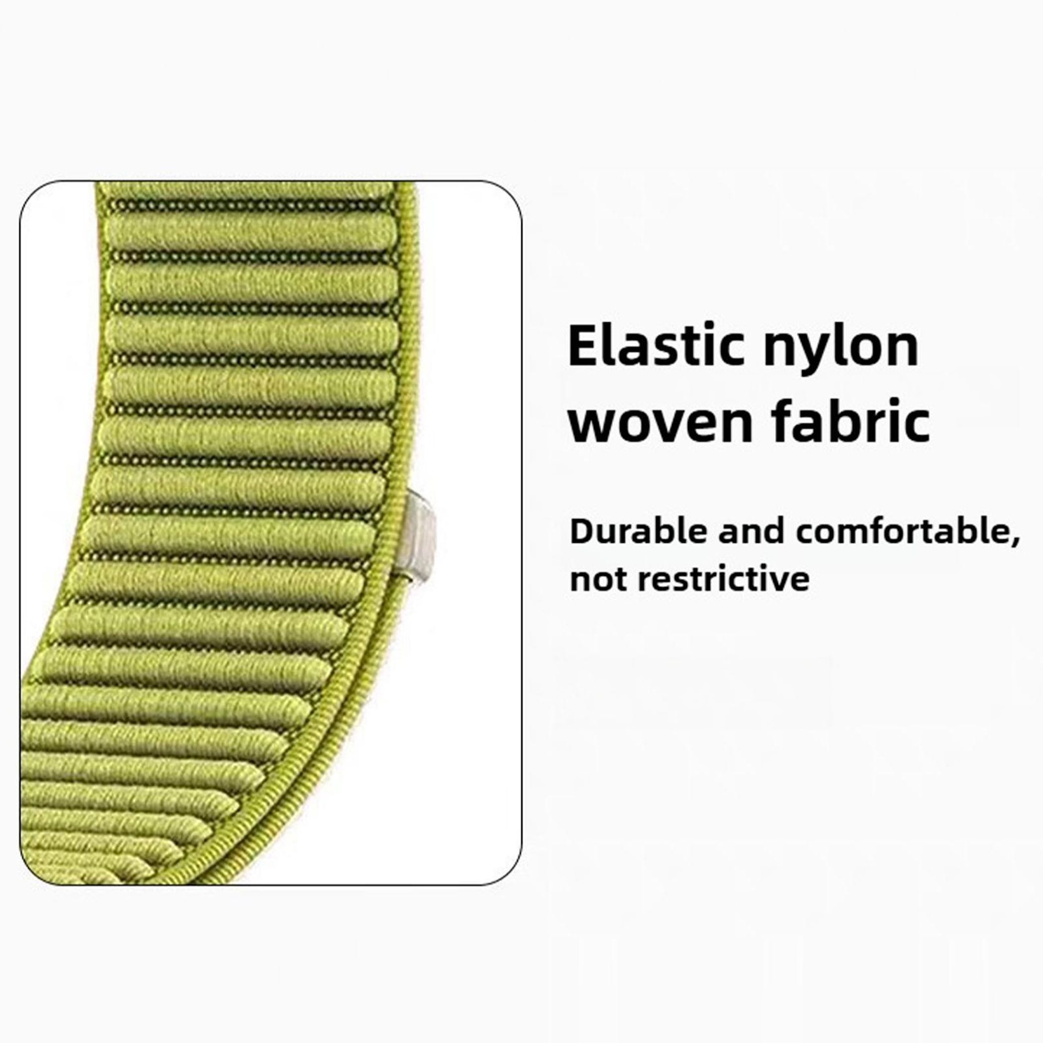 Grünes elastisches Nylongewebe mit Streifen und einem Metallverschluss.