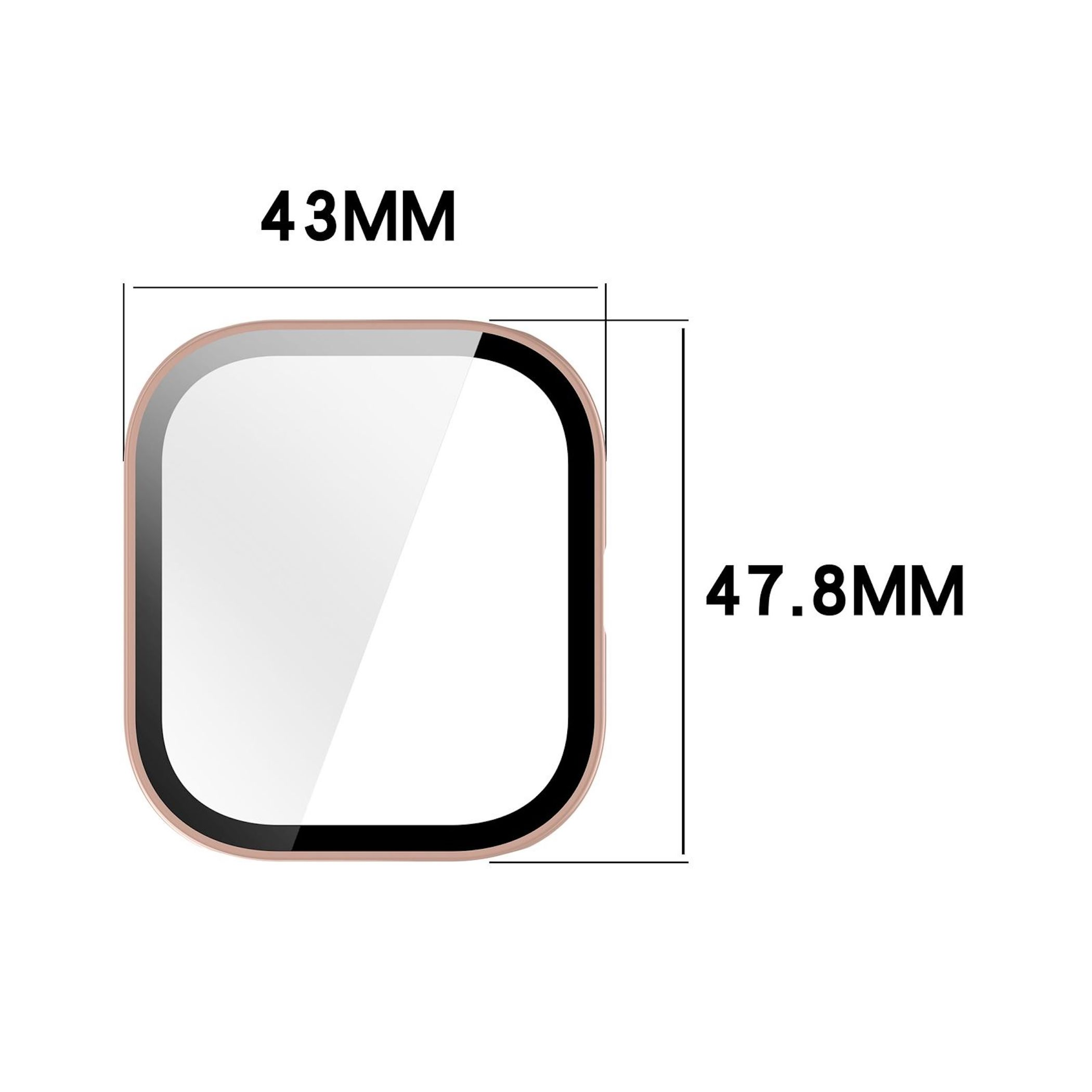 Una protezione schermo rettangolare con angoli arrotondati. Dimensioni: 43x47,8 mm.