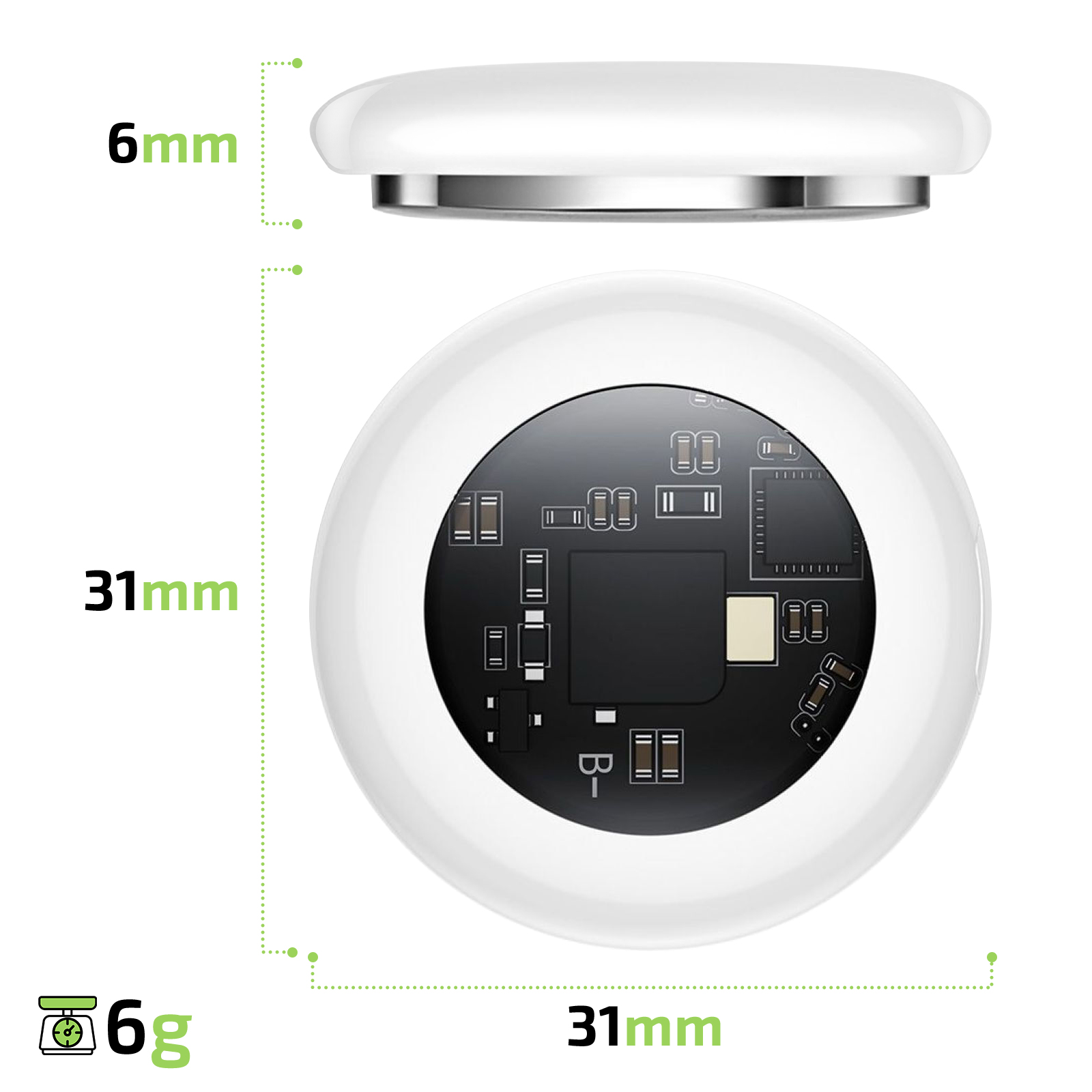 Un chip rotondo bianco, 31mm diametro, 6mm altezza, 6g peso.