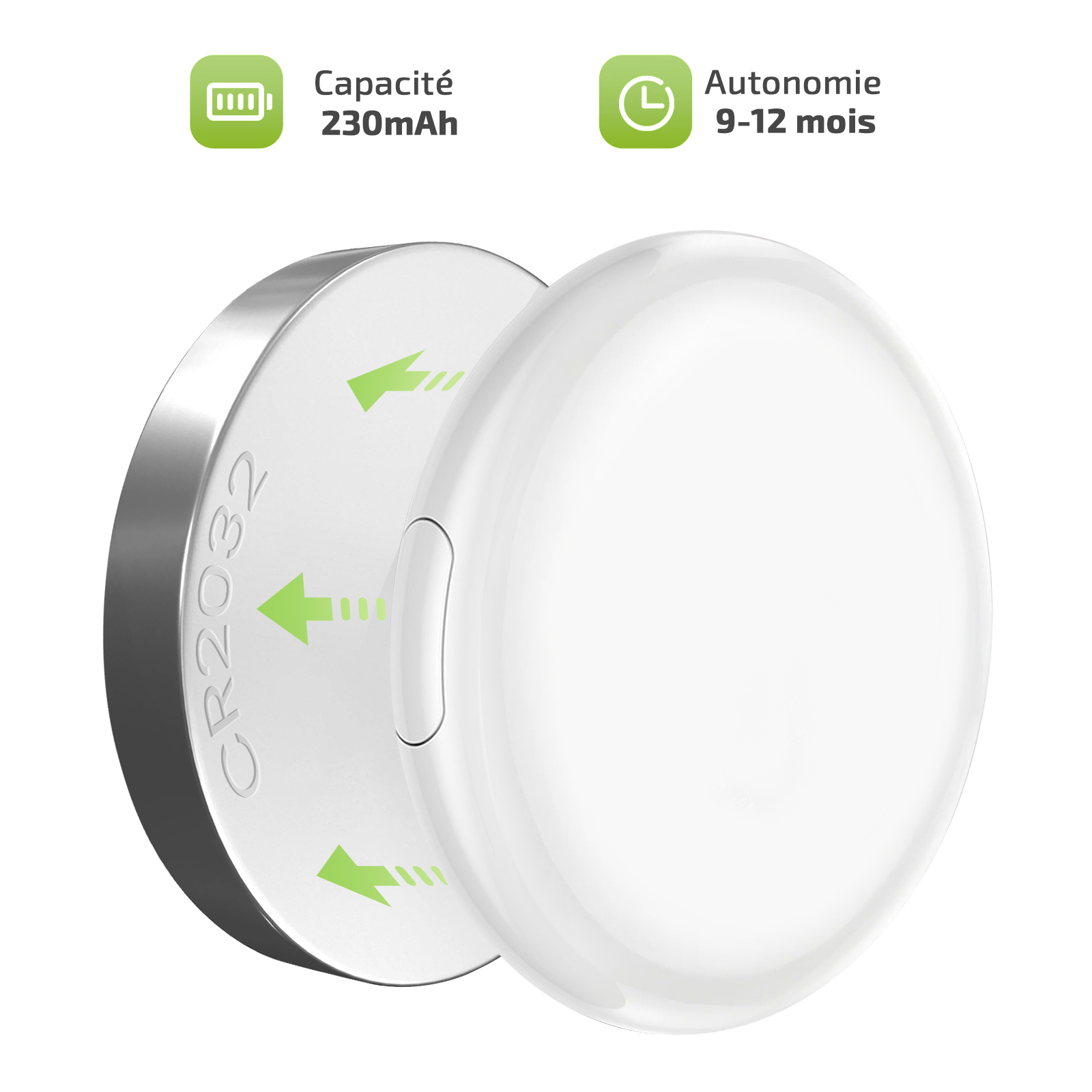 Batteria CR2032 230mAh, autonomia 9-12 mesi.
