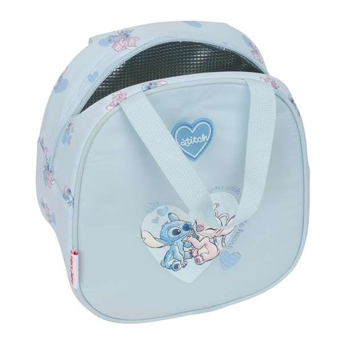 Hellblaue Lunchtasche mit Stitch-Motiv und Herzen.