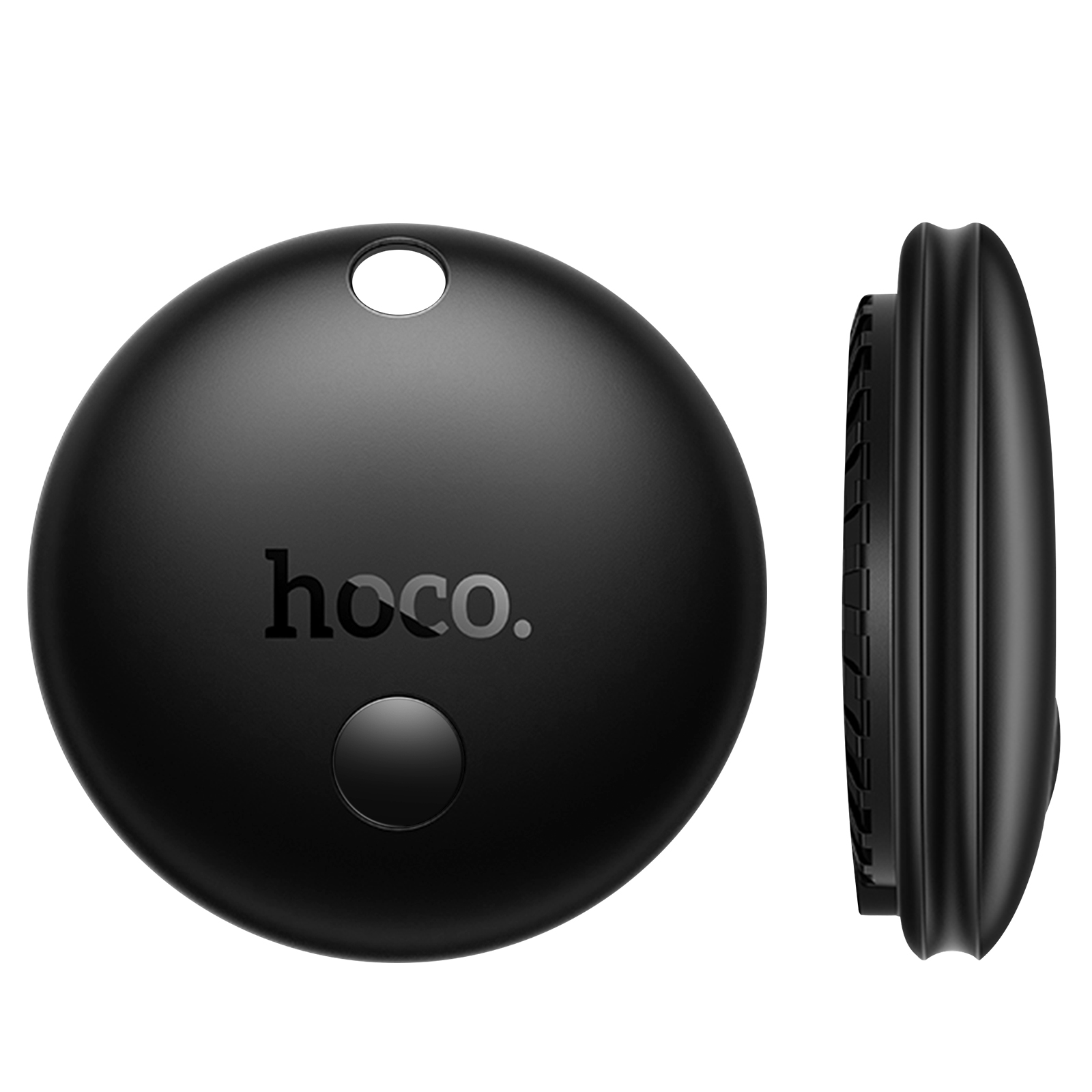 Tracciatore rotondo nero Hoco con pulsante e foro, vista laterale accanto.