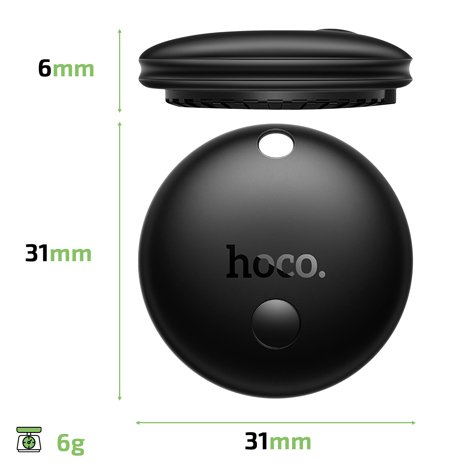 Tracker rotondo nero Hoco, largo 31mm, spesso 6mm, pesa 6g.