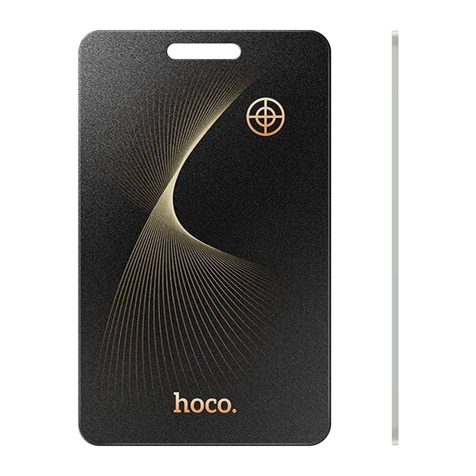 Tessera nera con motivo dorato e foro in alto. 'hoco.' in basso.