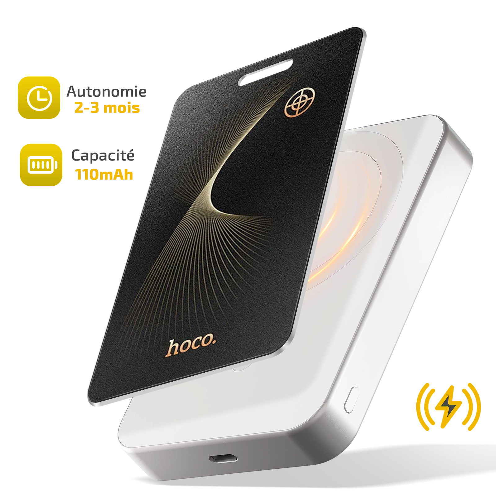 Un caricabatterie wireless nero con motivo dorato e logo hoco.