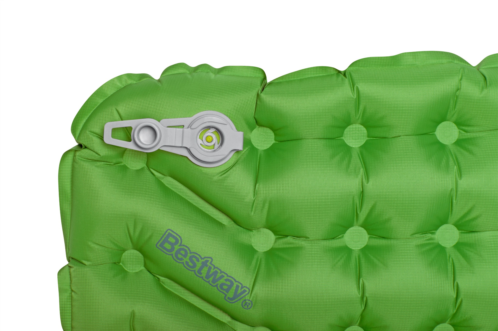 Grüne aufblasbare Matte mit grauem Ventil und Bestway-Logo.