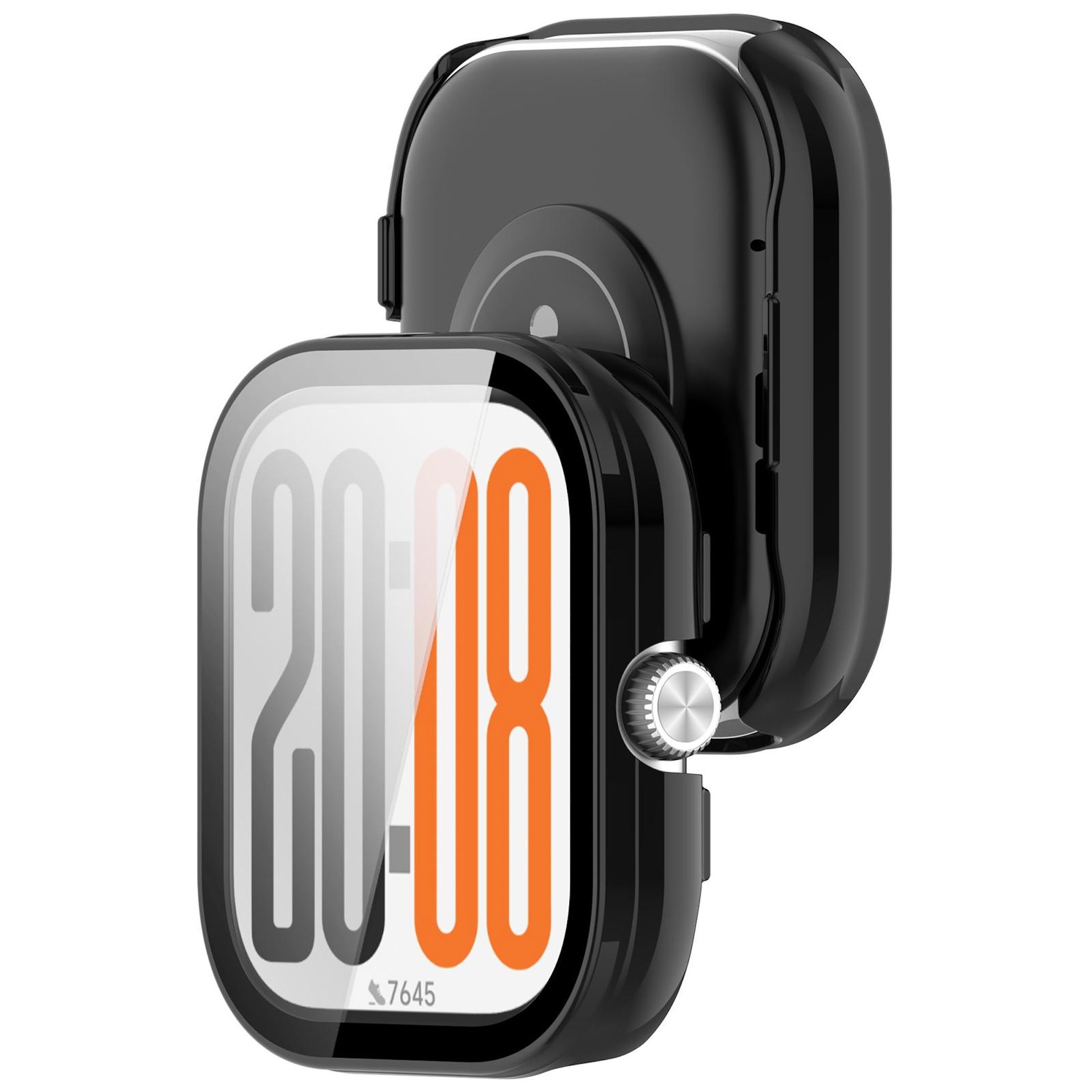 Smartwatch nero con ora digitale 20:08. Corona rotante laterale.