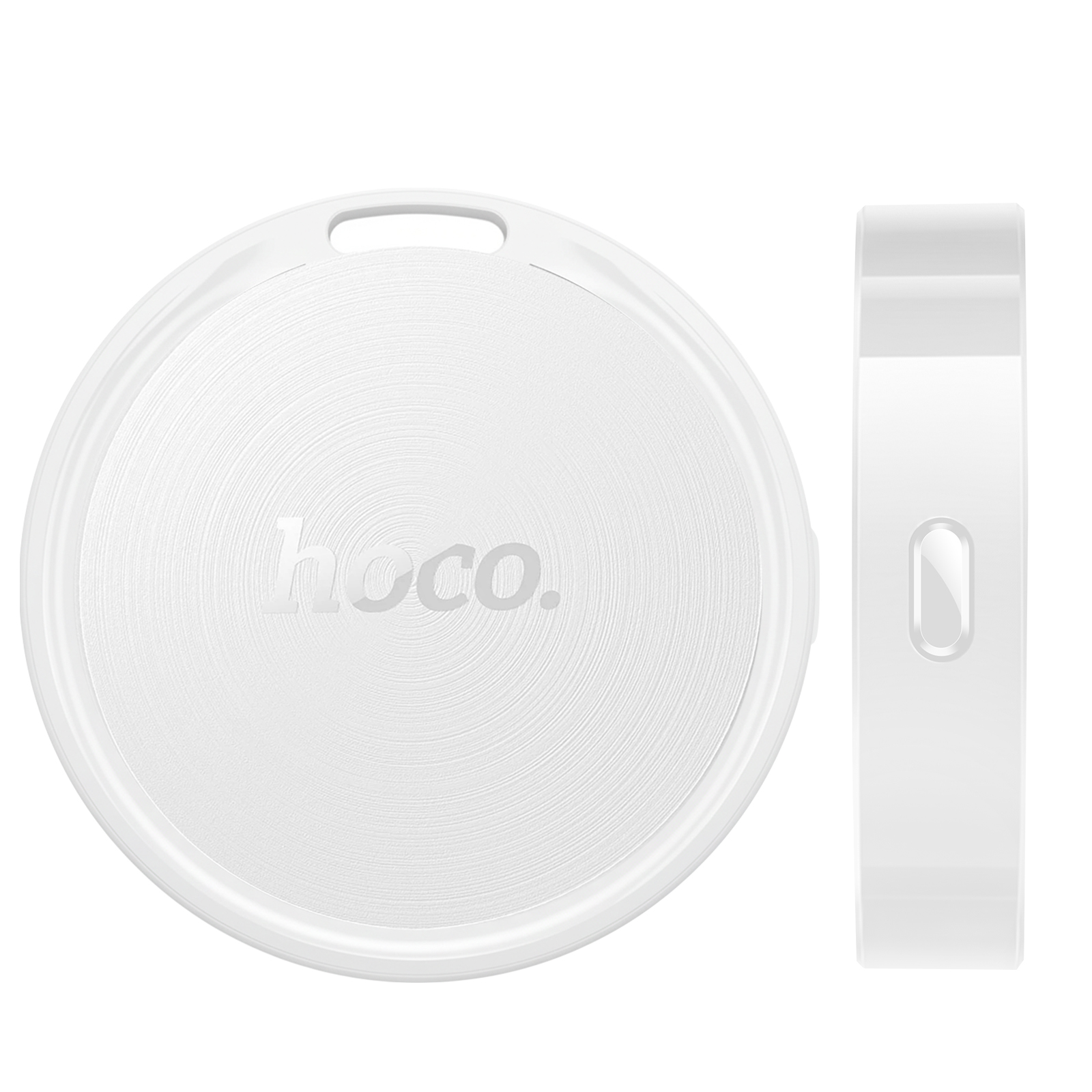 Ein weißer, runder Gegenstand mit gebürsteter Oberfläche und dem Logo 'hoco'.