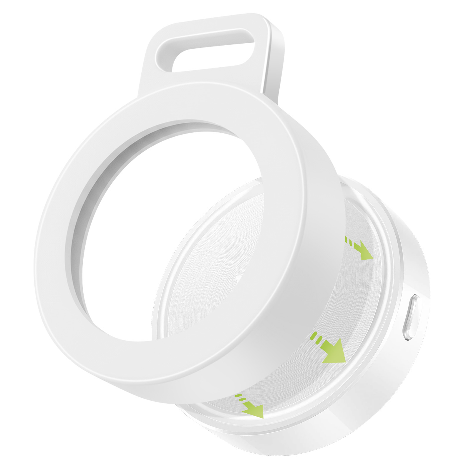 Ein weißer Ring mit Griff und grünen Pfeilen, die auf eine Spule zeigen.