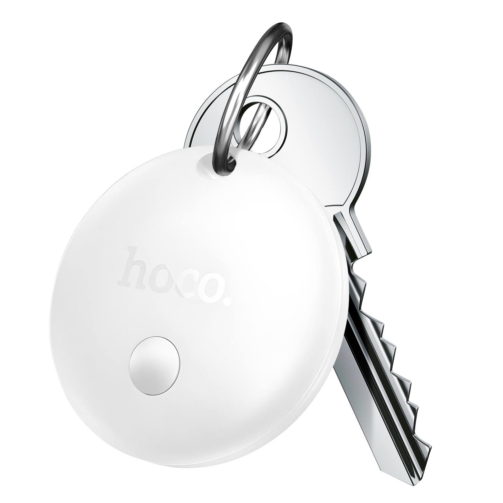 Un tag rotondo bianco con logo 'hoco.' e pulsante su un portachiavi con una chiave.