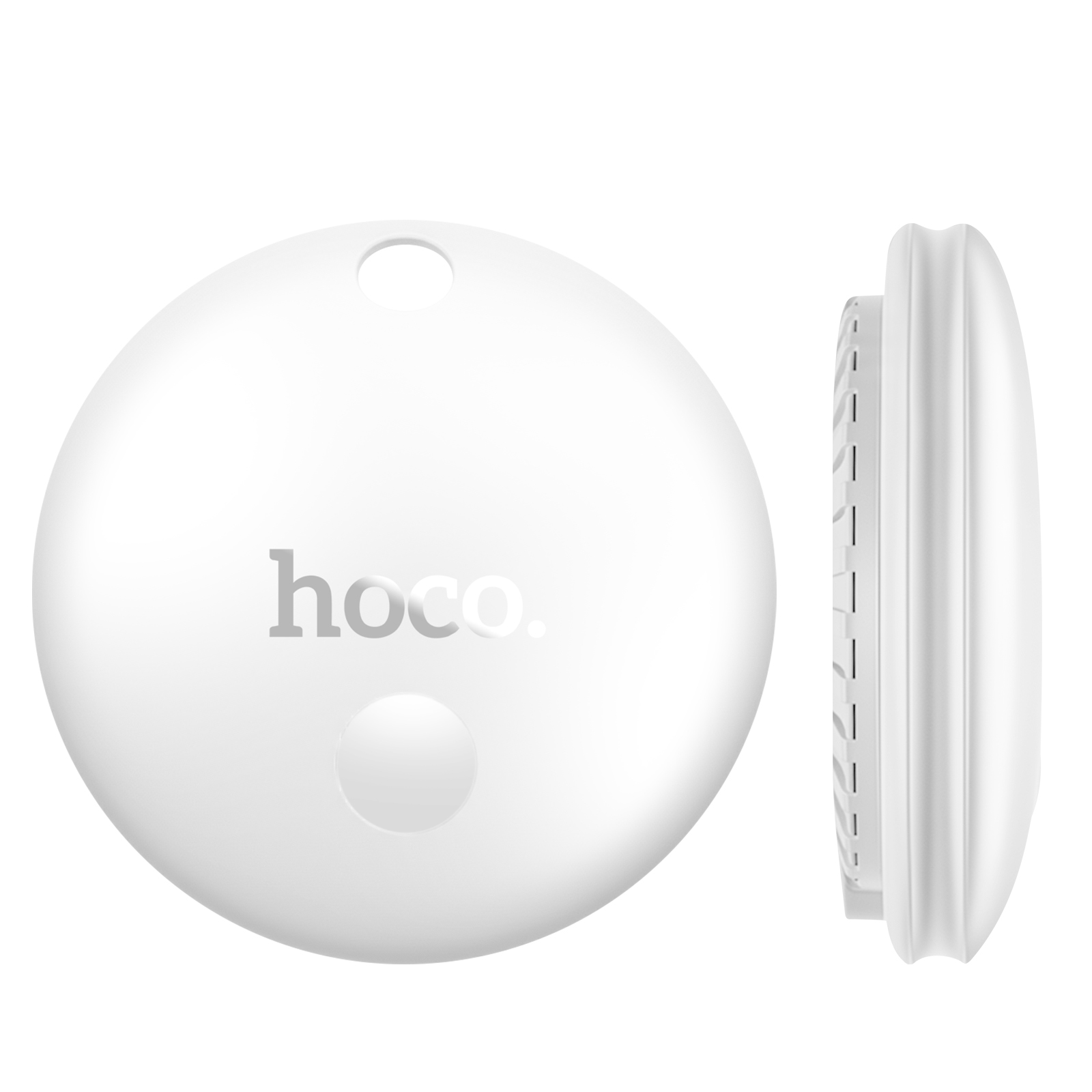 Un oggetto bianco rotondo con la scritta 'hoco.' e un piccolo cerchio. Vista laterale mostra scanalature.