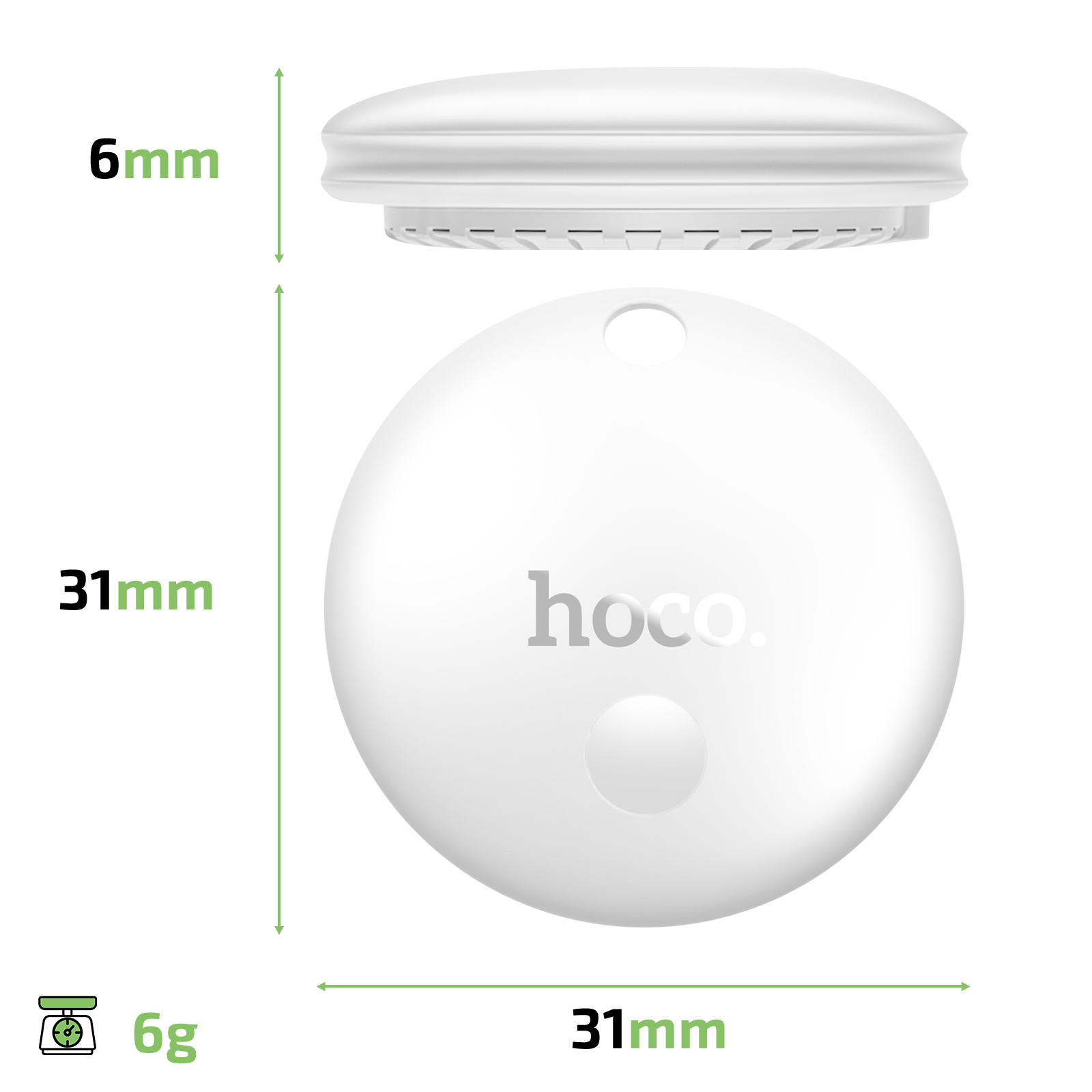 Dispositivo Hoco bianco rotondo, diametro 31mm, spessore 6mm, pesa 6g.