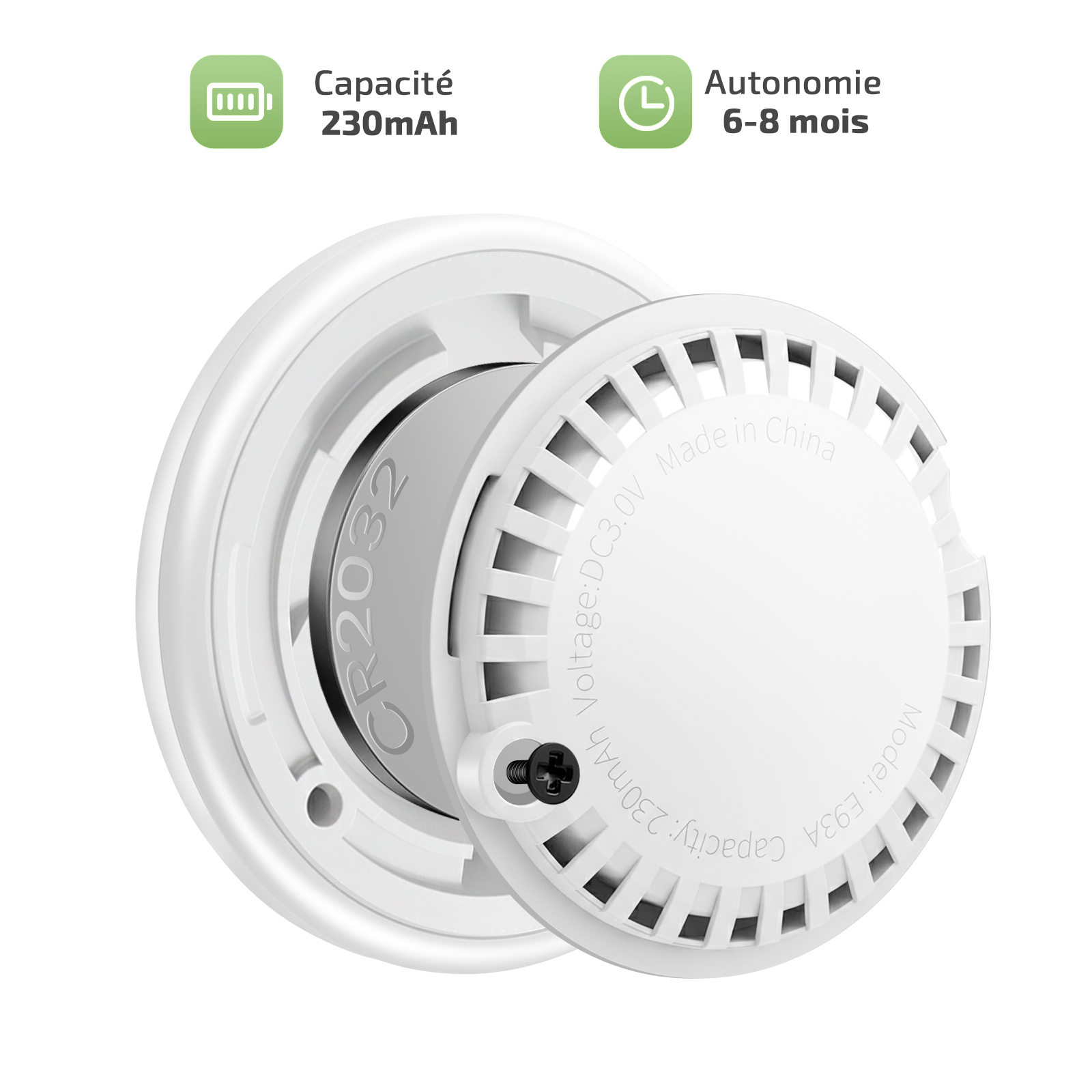 Un dispositivo bianco con batteria CR2032, capacità 230mAh, autonomia 6-8 mesi.