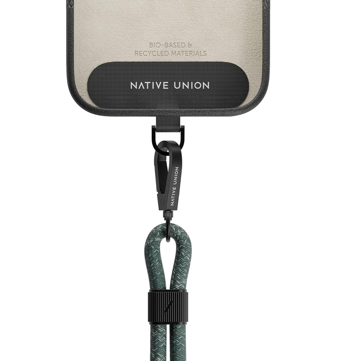 Schwarzer Karabiner mit der Aufschrift NATIVE UNION und einer grünen Schlaufe.