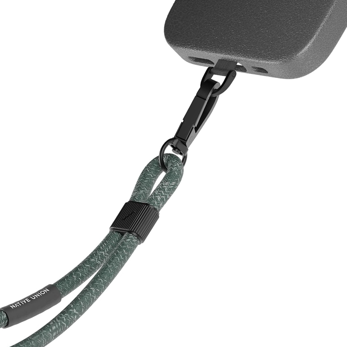 Grauer Handy-Lanyard mit schwarzem Clip und Band mit der Aufschrift NATIVE UNION.