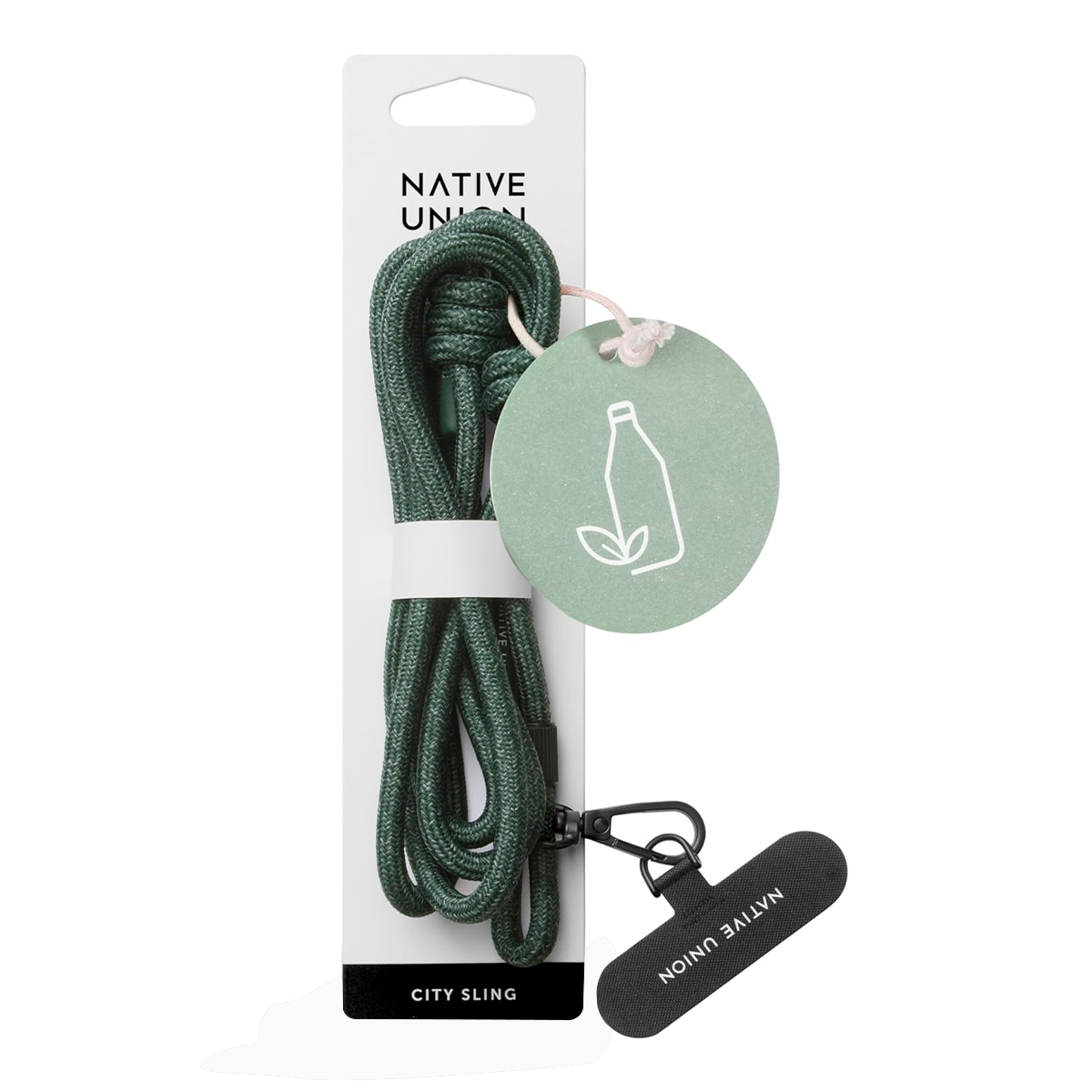 Grüne Native Union City Sling Lanyard in Verpackung mit Flaschen-Icon-Tag.