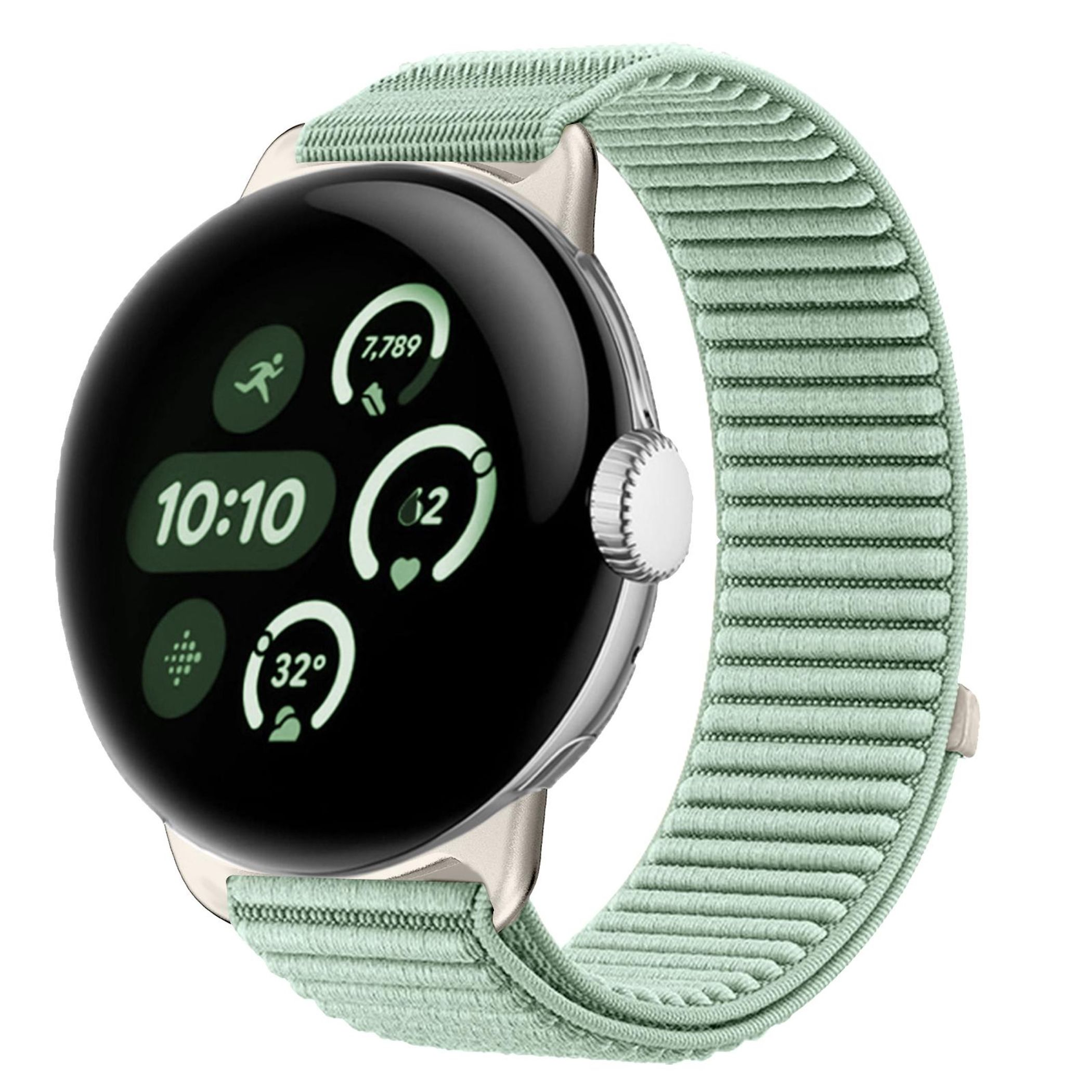 Eine Smartwatch mit einem hellgrünen Stoffarmband und einem schwarzen Display.