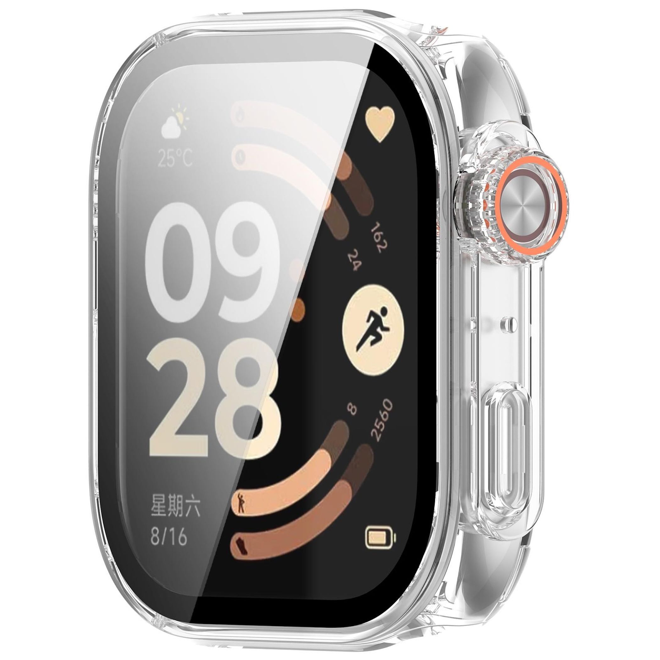 Eine transparente Smartwatch Hülle mit einem dunklen Zifferblatt zeigt 09:28 an.