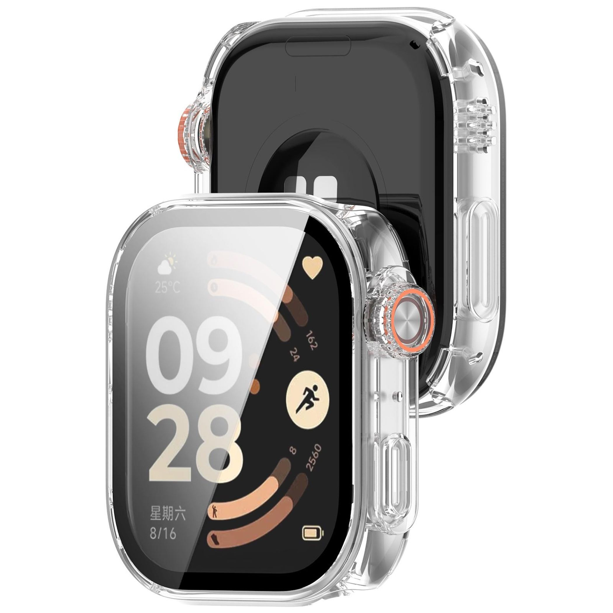 Transparente Schutzhülle für eine Smartwatch mit orangefarbenen Akzenten und Display.